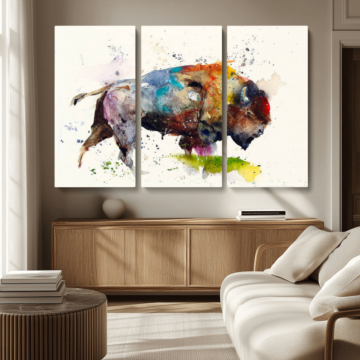 MGV-CV-48X32-3P - Abstract Buffalo Wall Art, Western Watercolor Bison Canvas Print, Rustic Buffalo Art for Cowboy and Western Decor, Large Multi-Panel Giclee Canvas