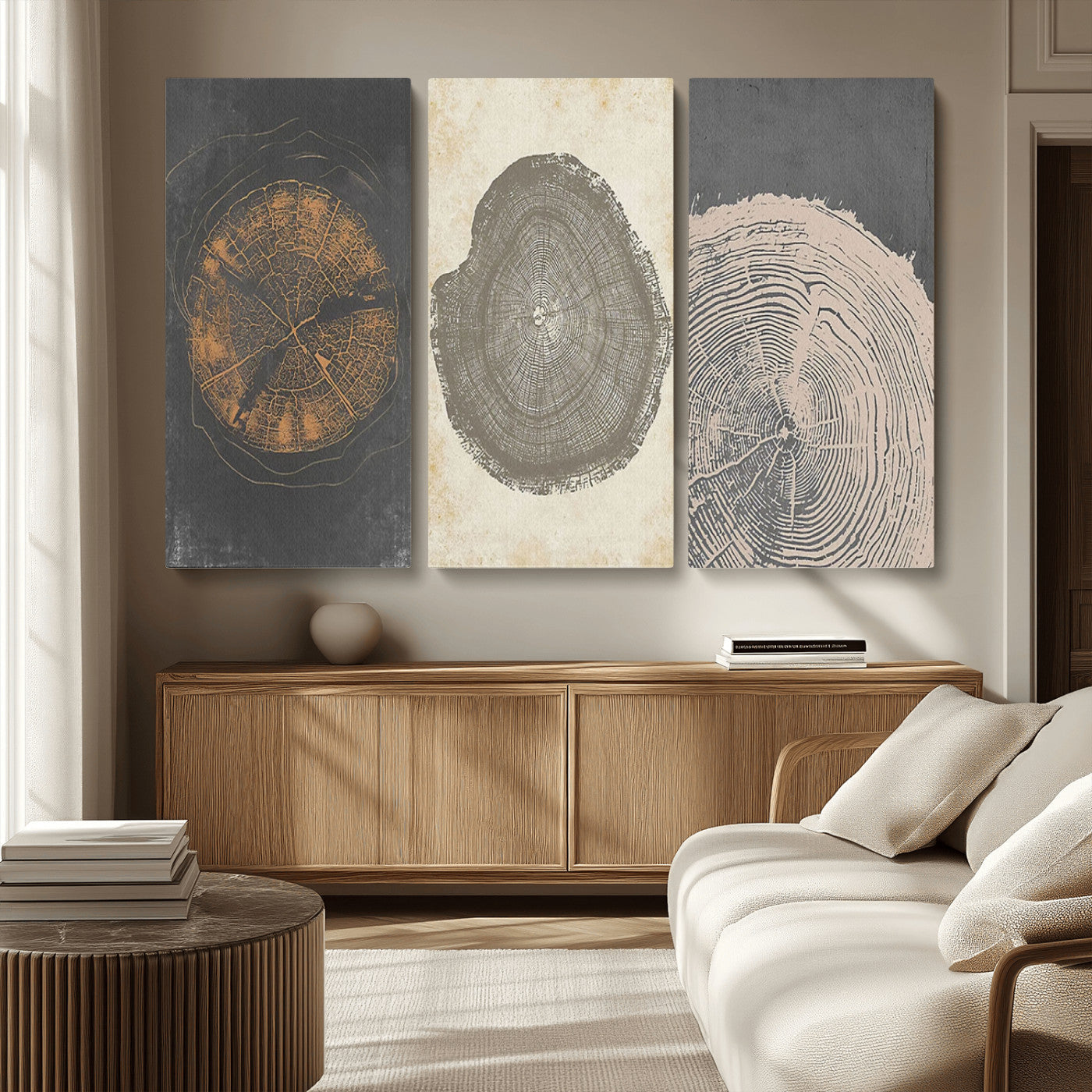 MGV-CV-48X32-3P - Boho Tree Ring Wall Art, Modern Minimalist Wood Grain Canvas, Tree Slice for Rustic Decor, Farmhouse Decor Giclee Canvas Print, Tree Ring Canvas Set