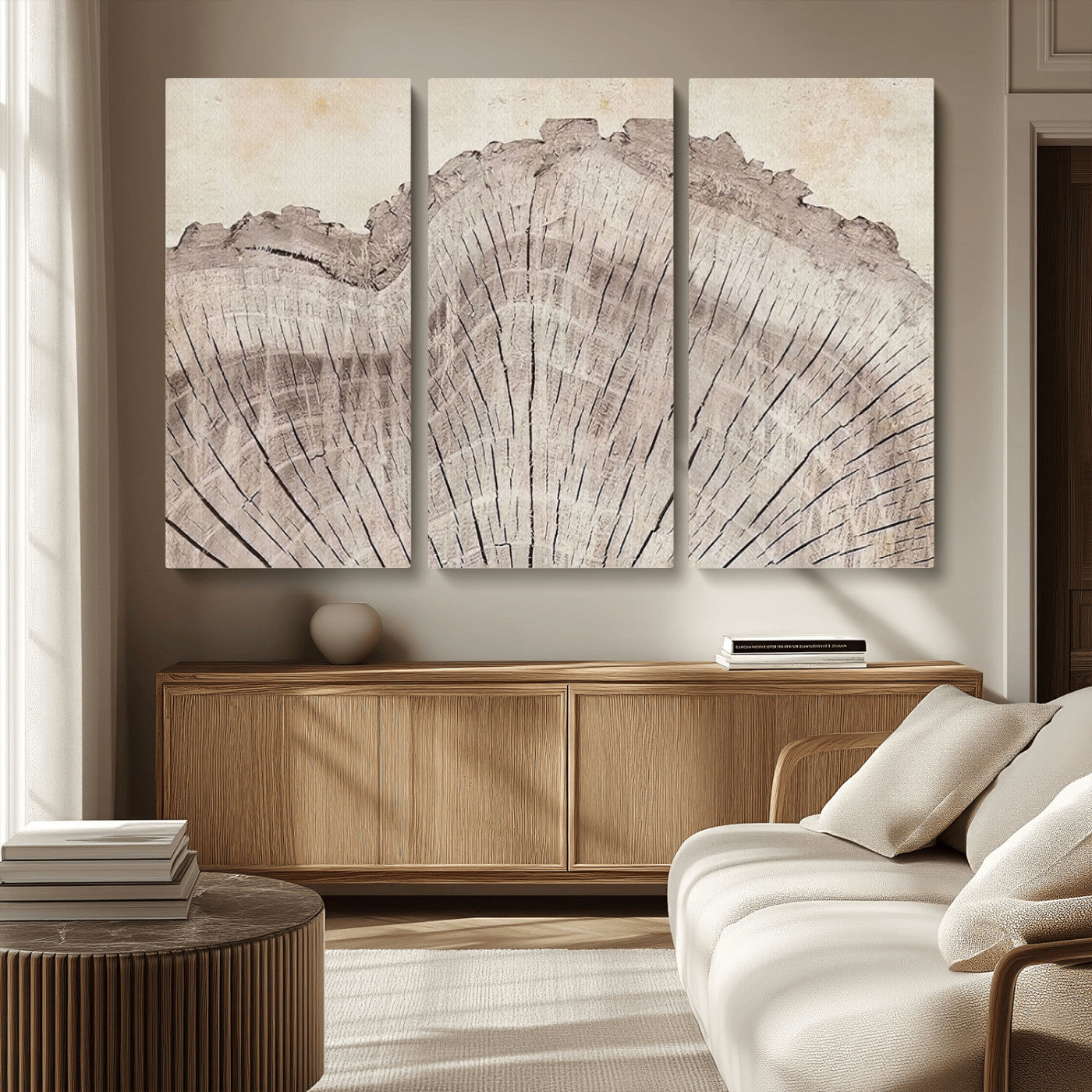 MGV-CV-48X32-3P - Tree Ring Wall Art Triptych, Rustic Wood Ring Canvas Print, Minimalist Wall Decor for Modern Homes and Farmhouse Decor