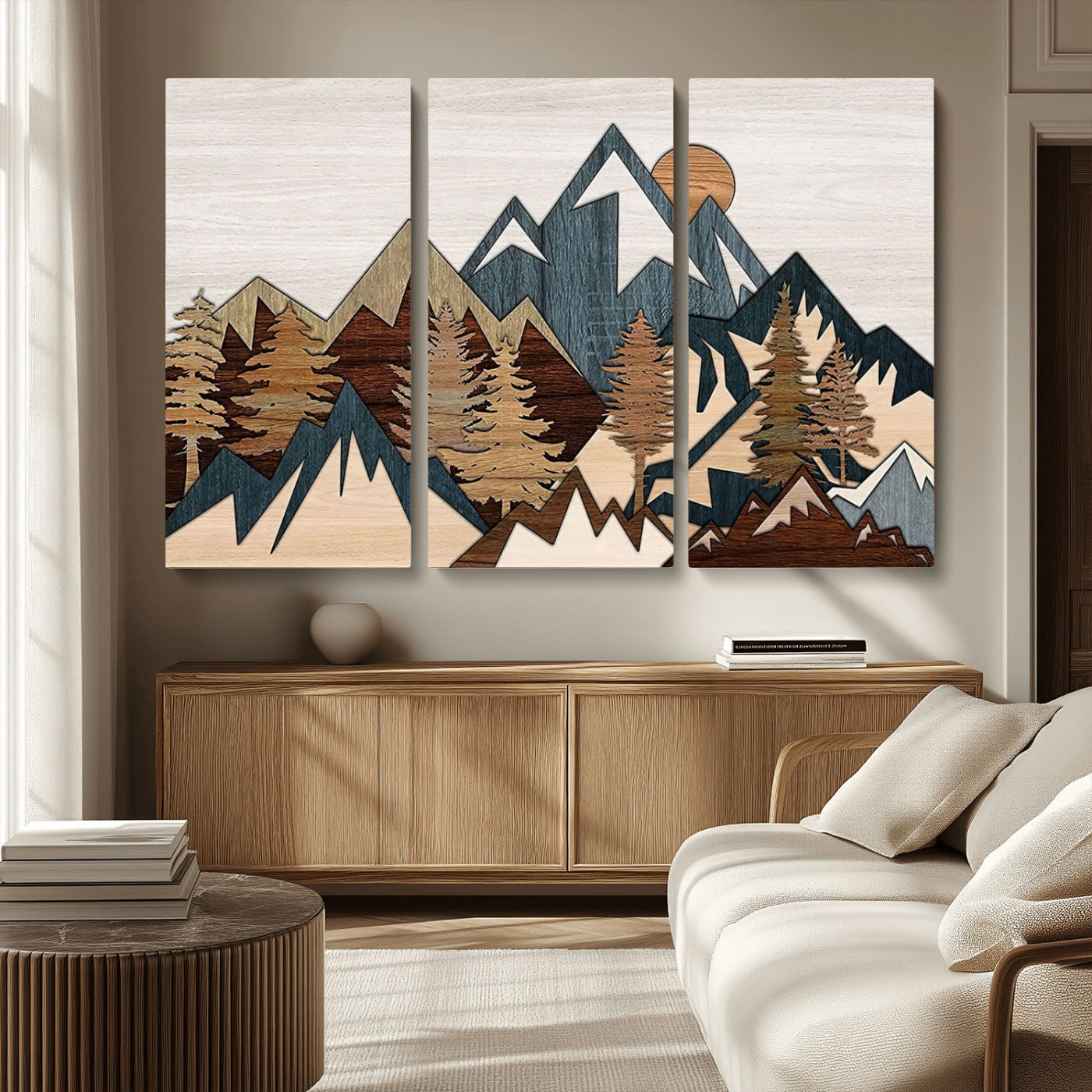 MGV-CV-48X32-3P - Woodland Mountain Landscape Triptych, Giclee Canvas Art for Modern Home, Rustic Wooden Nature Wall Art, Large Mountain and Tree Canvas for Living Room