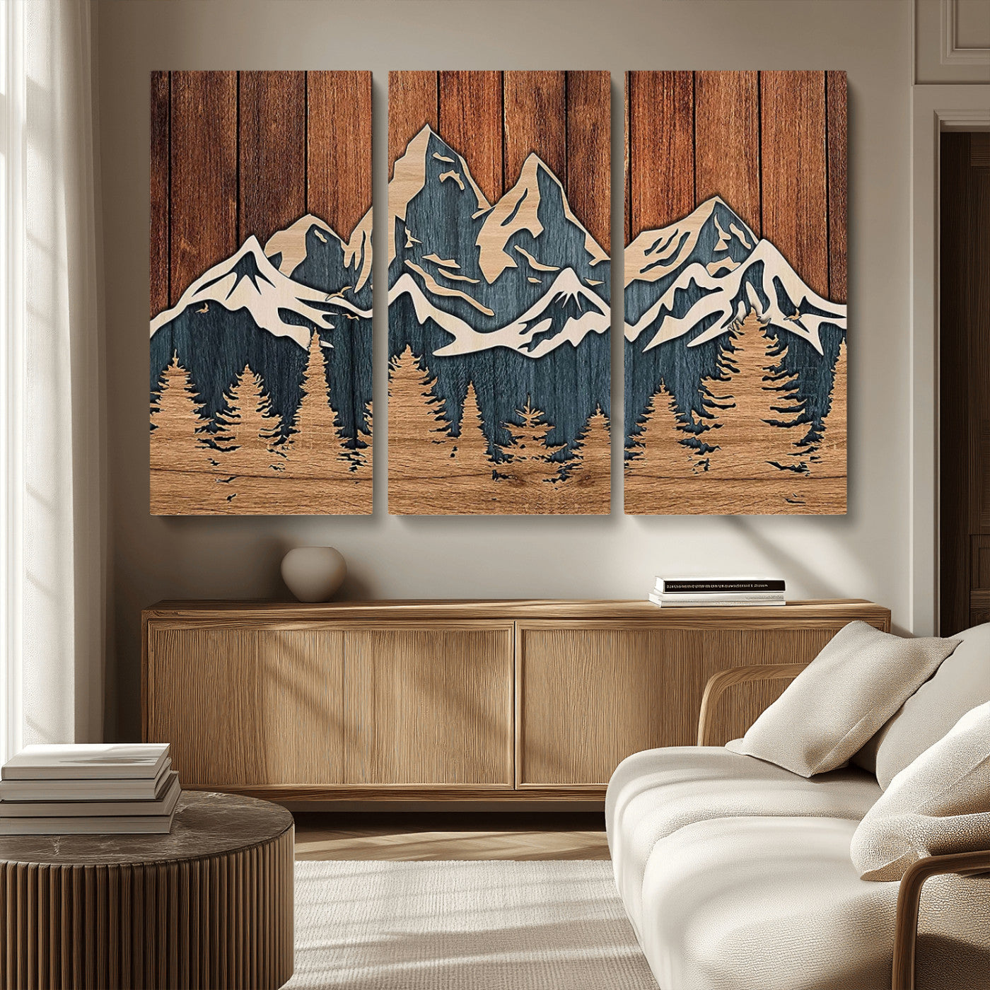 MGV-CV-48X32-3P - Rustic Wood Style Mountain Wall Art, Nature Forest Canvas Print, Wooden Textured Mountain Artwork, Handcrafted Landscape Decor for Farmhouse Decor
