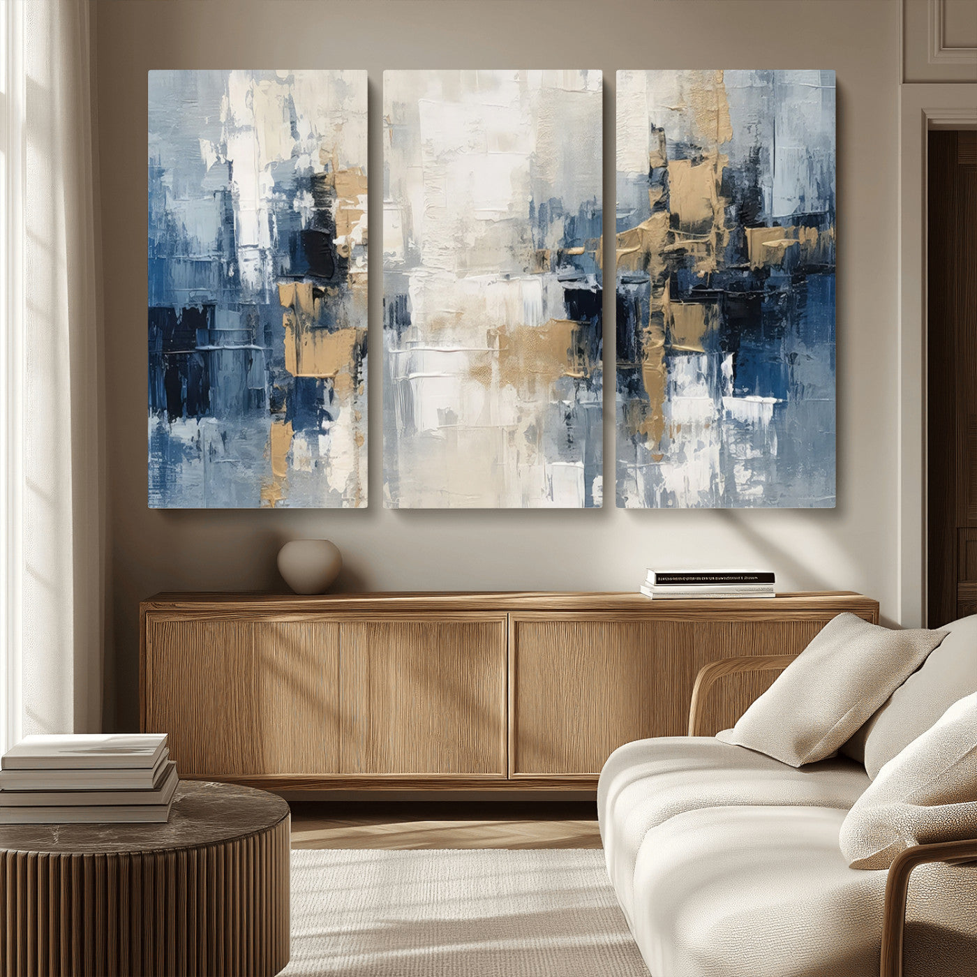 -Modern Abstract Canvas Wall Art in Blue and Gold Tones | Large Contemporary Art for Living Room,