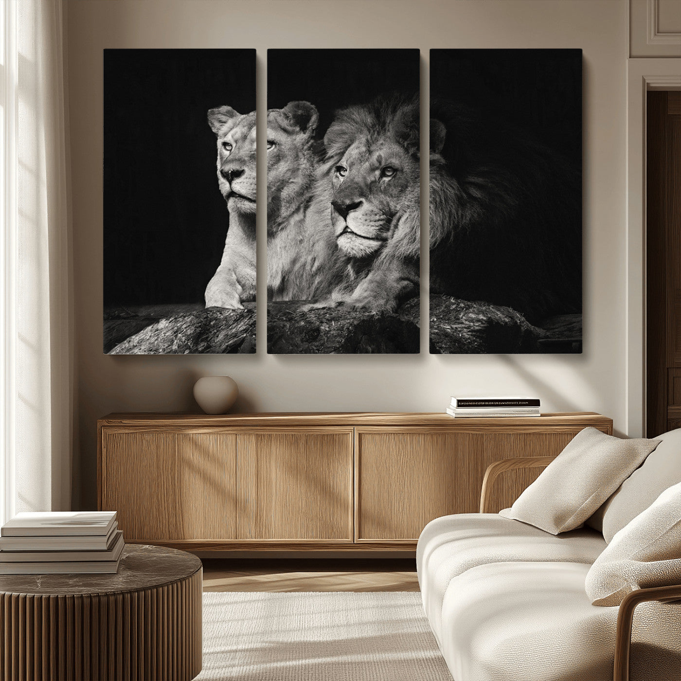 MGV-CV-48X32-3P - Lion Couple Canvas Wall Art Print – Elegant Wildlife Portrait in Black and White Lion Family – Ready to Hang