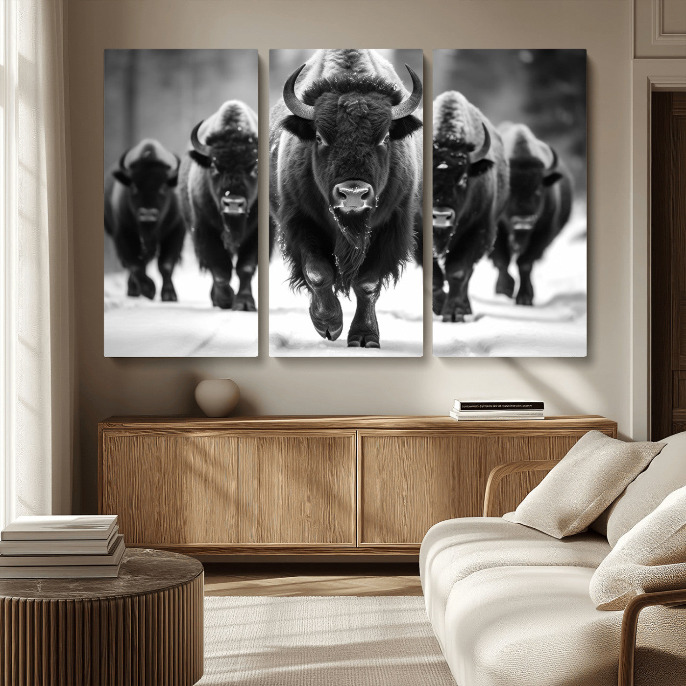 MGV-CV-48X32-3P - American Bison Art | Buffalo Herd Wall Art Canvas Print, BW American Bison Herd Wall Art Canvas Print