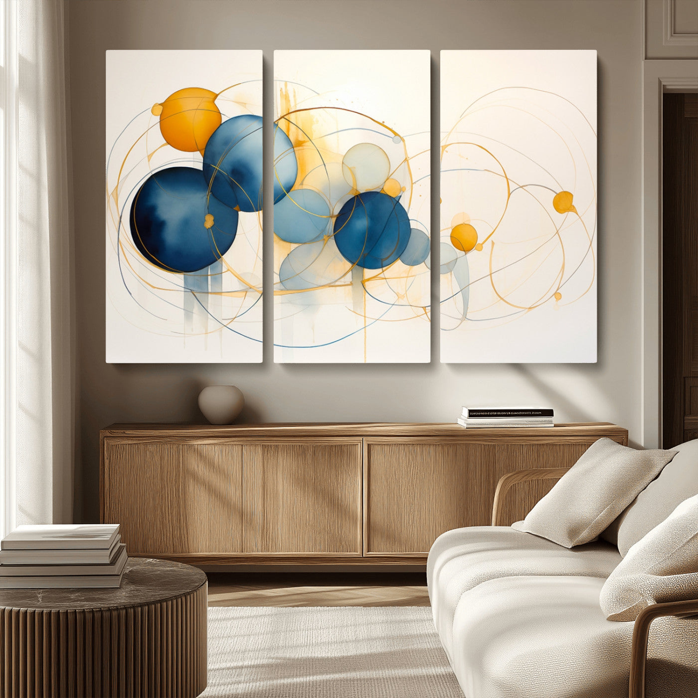 -Geometric Blue Orange Abstract Wall Art Canvas, Geometric Blue Orange Canvas Print