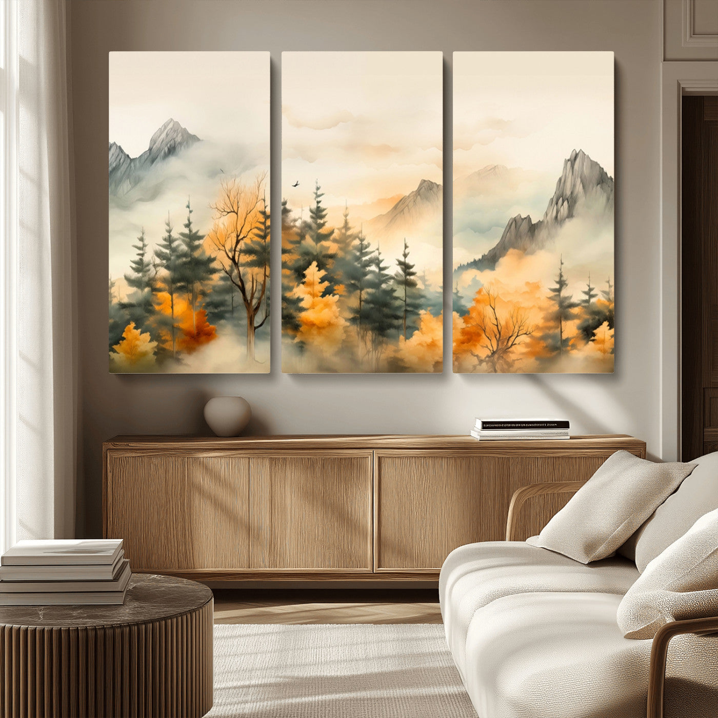 MGV-CV-48X32-3P - Abstract Watercolor Mountains and Trees Autumn Art, Watercolor Mountains and Trees Canvas Print