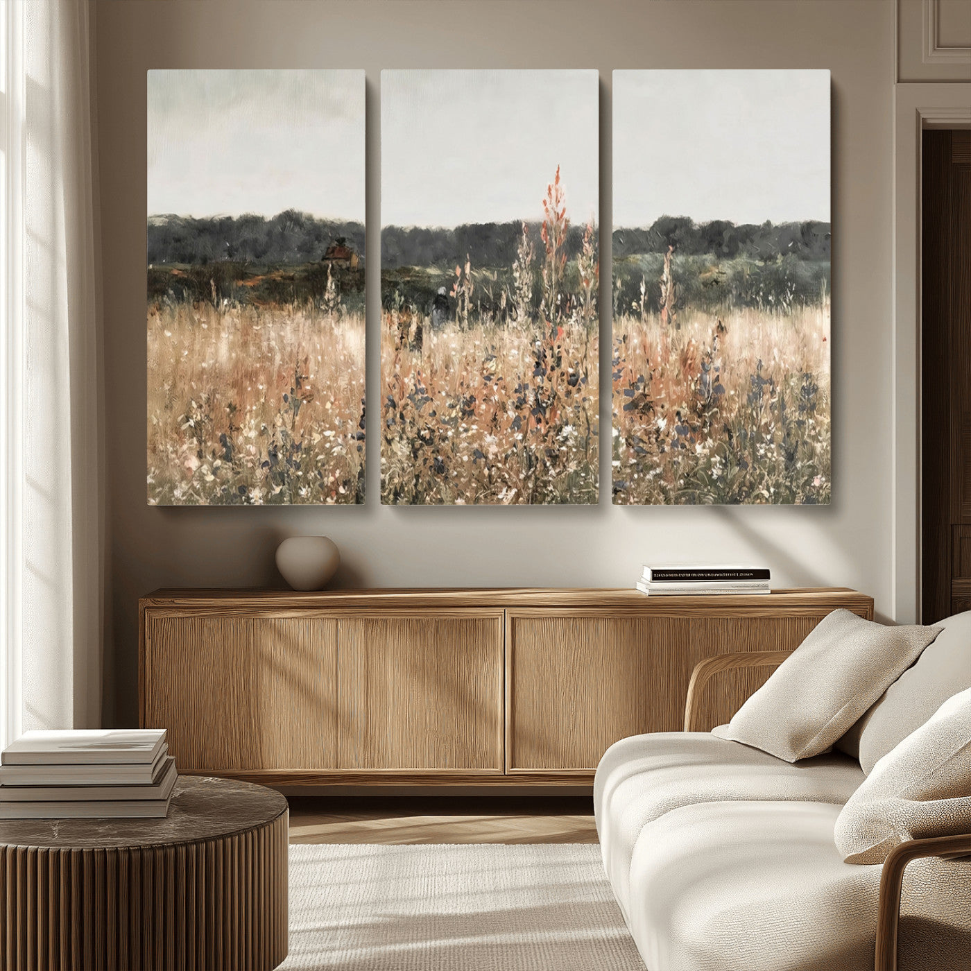 MGV-CV-48X32-3P - Abstract Wildflower Art Field Landscape Oil Painting Print, Country Field Wall Art - Framed Ready to Hang