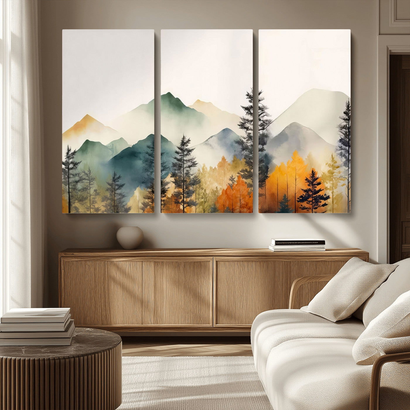MGV-CV-48X32-3P - Abstract Watercolor Mountains and Trees Autumn Wall Art, Mountains and Trees Autumn Wall Art Canvas
