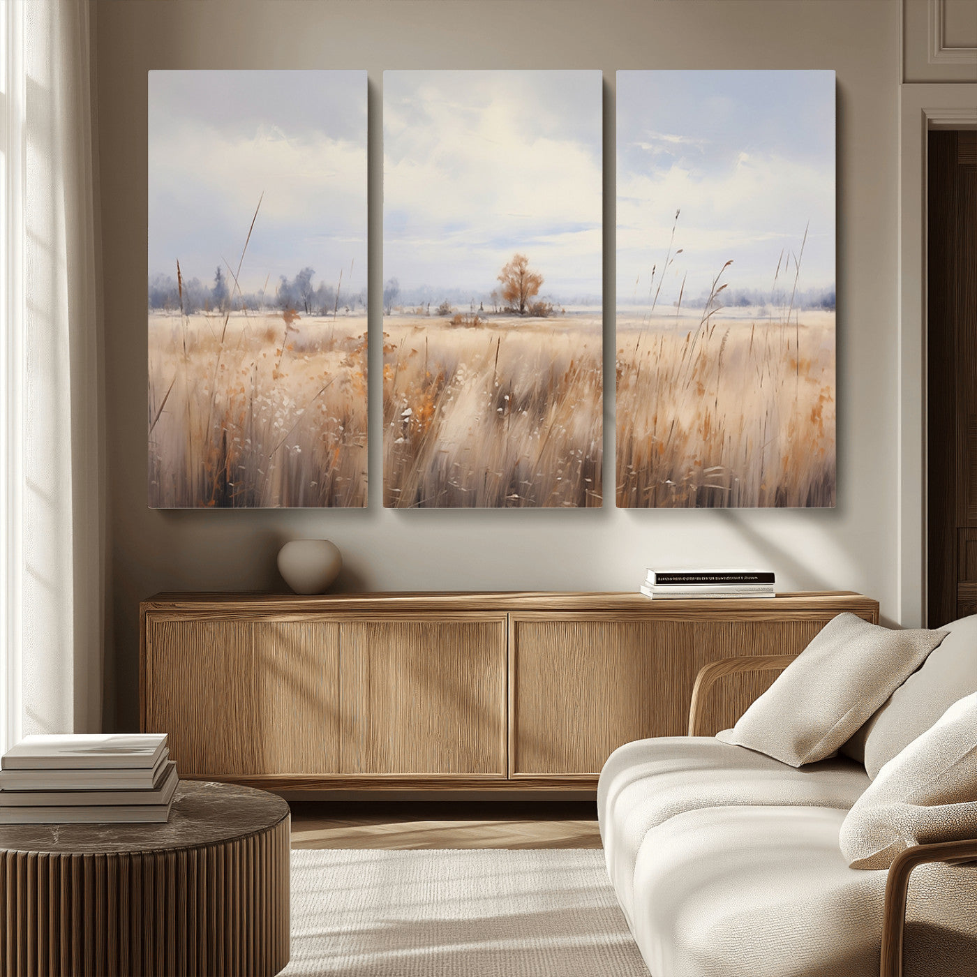MGV-CV-48X32-3P - Golden Fields Wall Art Print Canvas – Serene Landscape of Nature’s Tranquility in Minimalist for