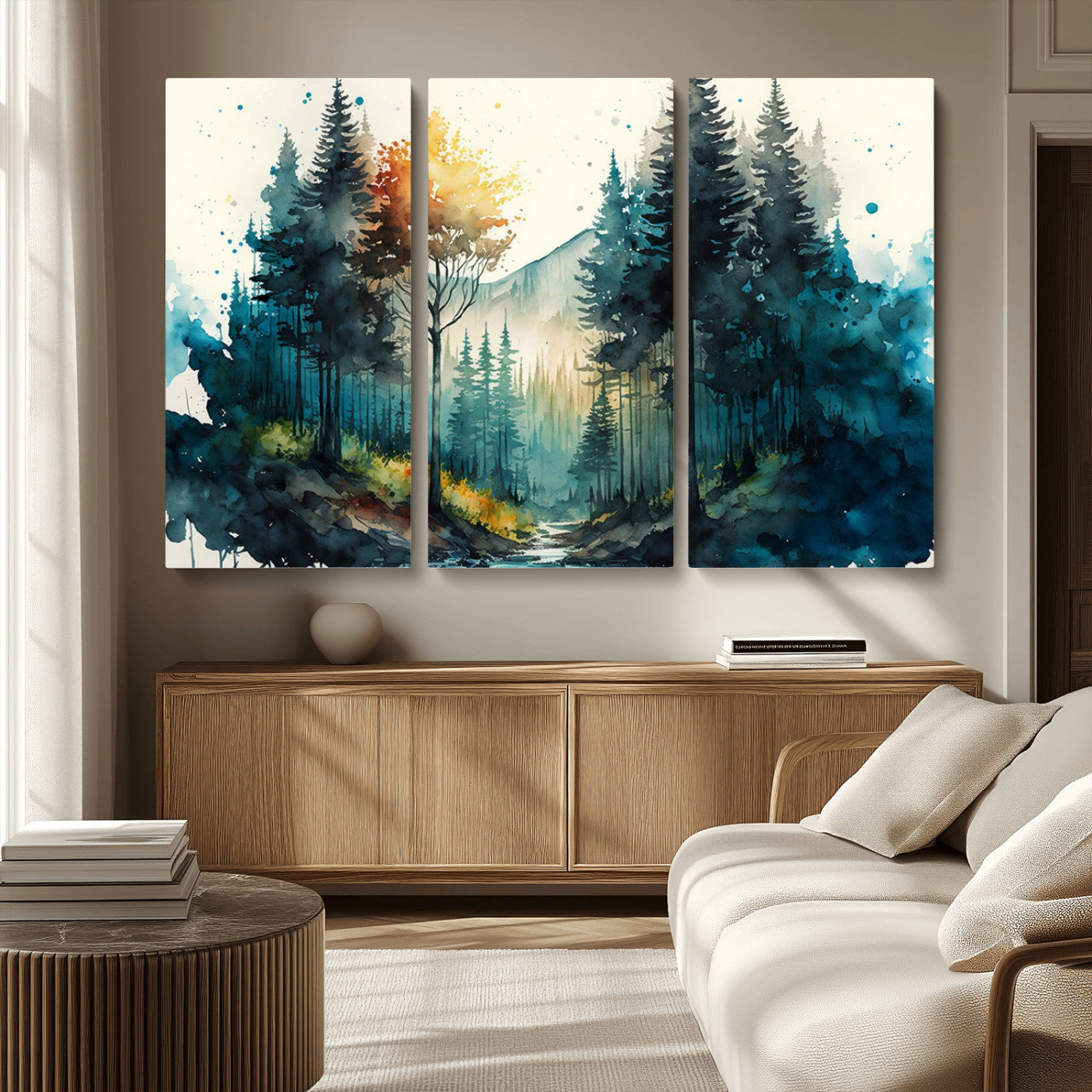 MGV-CV-48X32-3P - Watercolor Trees Forest Abstract Wall Art Canvas Print
