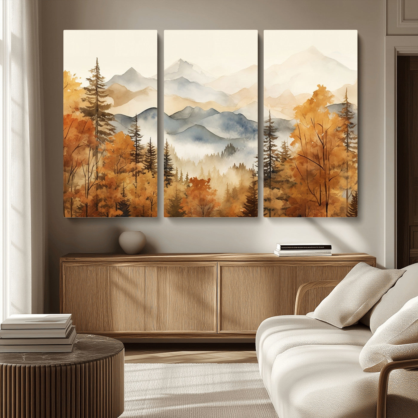 MGV-CV-48X32-3P - Golden Autumn Forest Wall Art | Mountain Landscape Canvas Print for Living Room or Bedroom | Large Wall Decor with Nature-Inspired Design