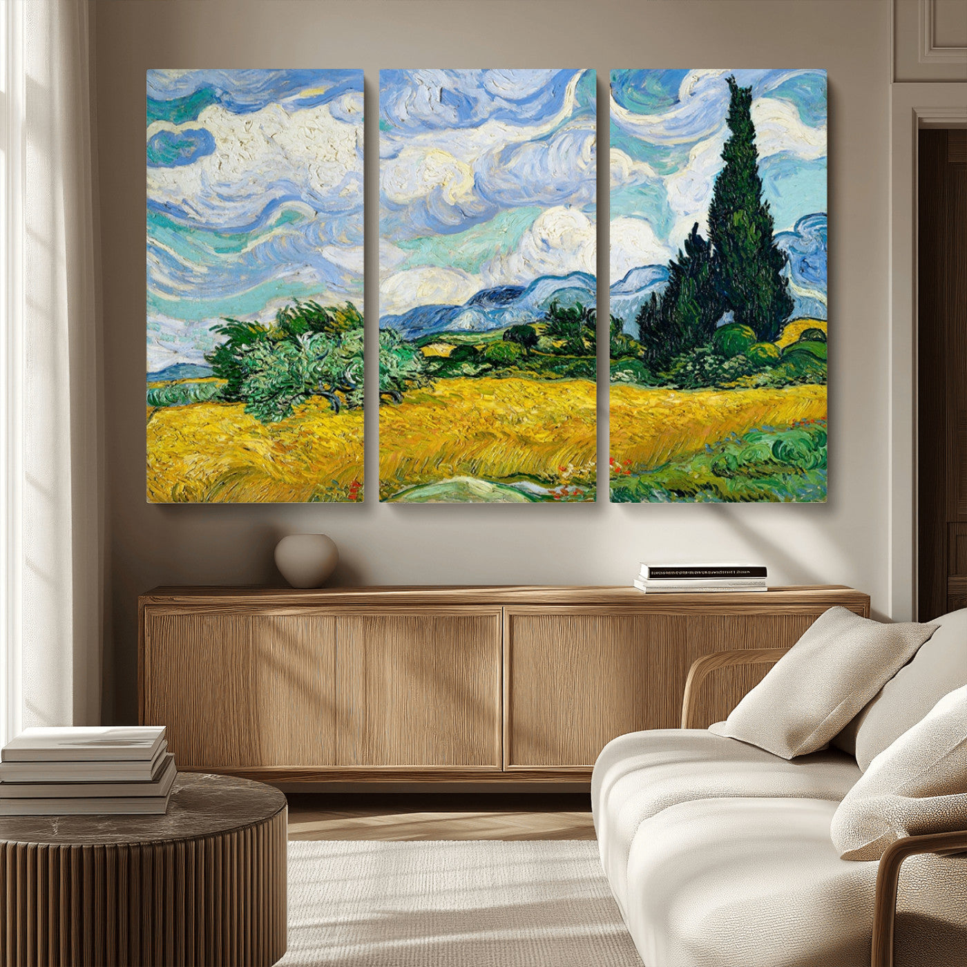 MGV-CV-48X32-3P - Wheatfield With Cypresses By Van Gogh Painting Wall Art Canvas Print