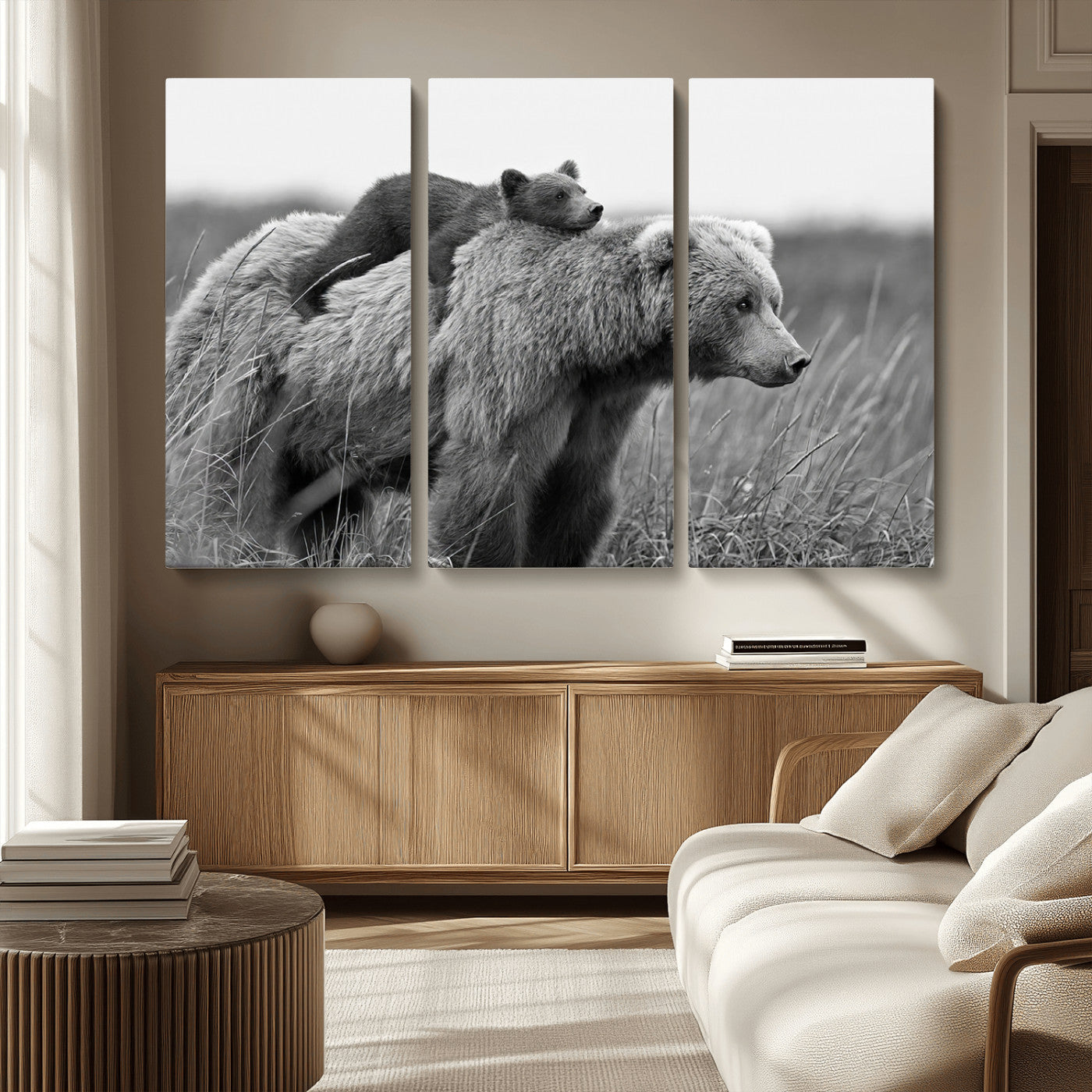 MGV-CV-48X32-3P - Bear and Cub Wall Art Canvas | 399 Bear Cub Wildlife-Inspired Animal Art for Living Room or Office | Grizzly Bear Print of Photography