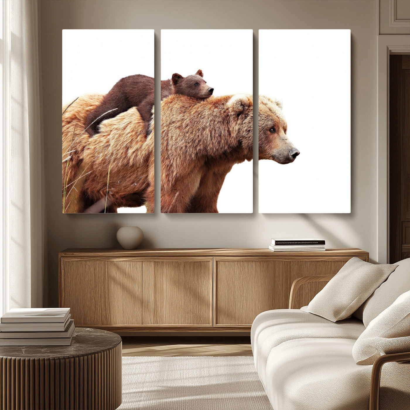 MGV-CV-48X32-3P - Mother and Baby Bear Canvas Wall Art - Adorable Wildlife Animal Print, Cozy Rustic Decor for Living Room,