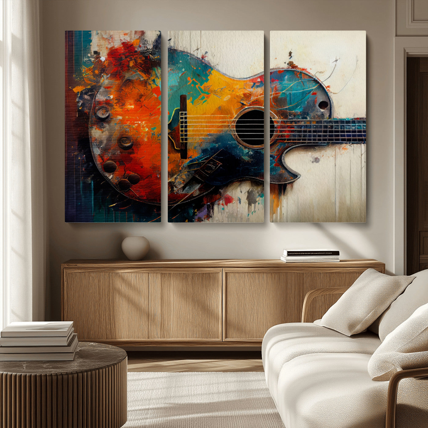 MGV-CV-48X32-3P - Abstract Guitar Wall Art Canvas | Vibrant Music-Inspired Art for Living Room or Studio | Colorful Music Decor Canvas Print