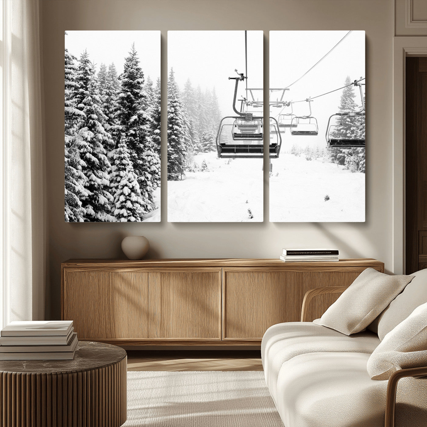 MGV-CV-48X32-3P - Ski Wall Art - Ski Lift Wall Art Canvas Print Snow Covered Spruce Trees Winter Wall Art Ski Skier