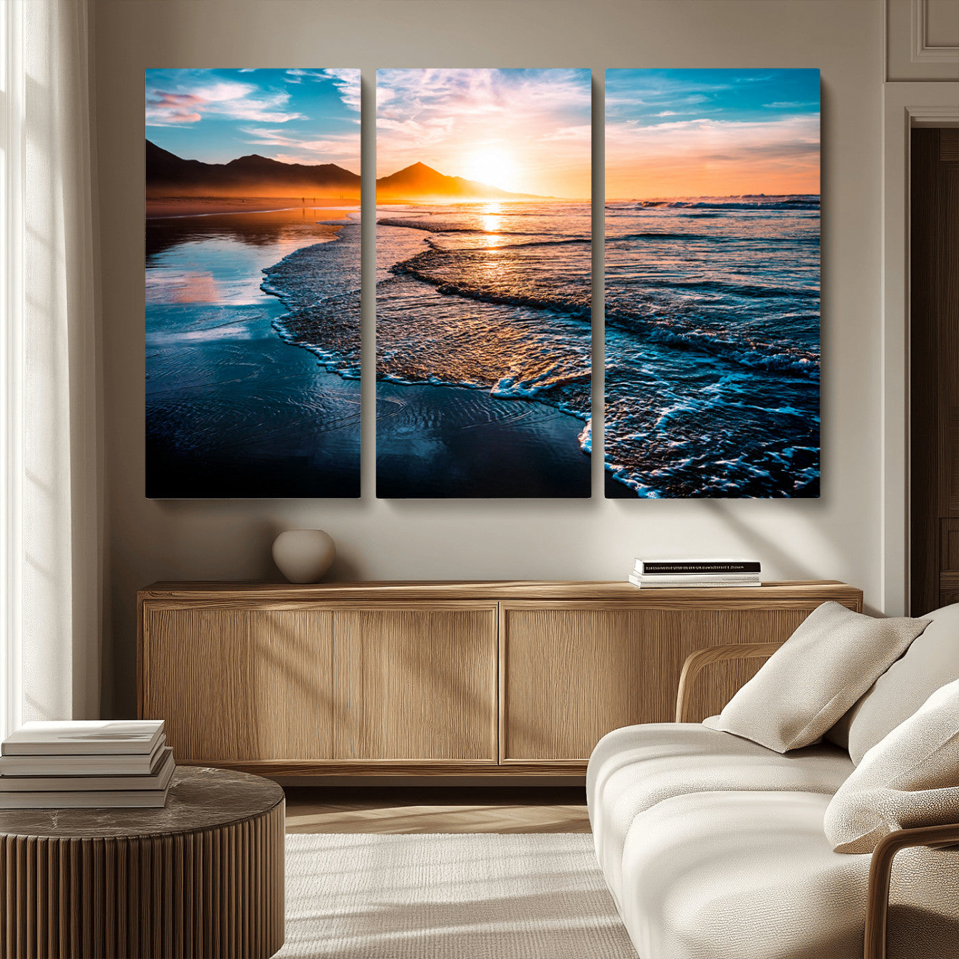 MGV-CV-48X32-3P - Beach Ocean Sunset on the Sea Wall Art Canvas, Beach Ocean Sunset Canvas Print