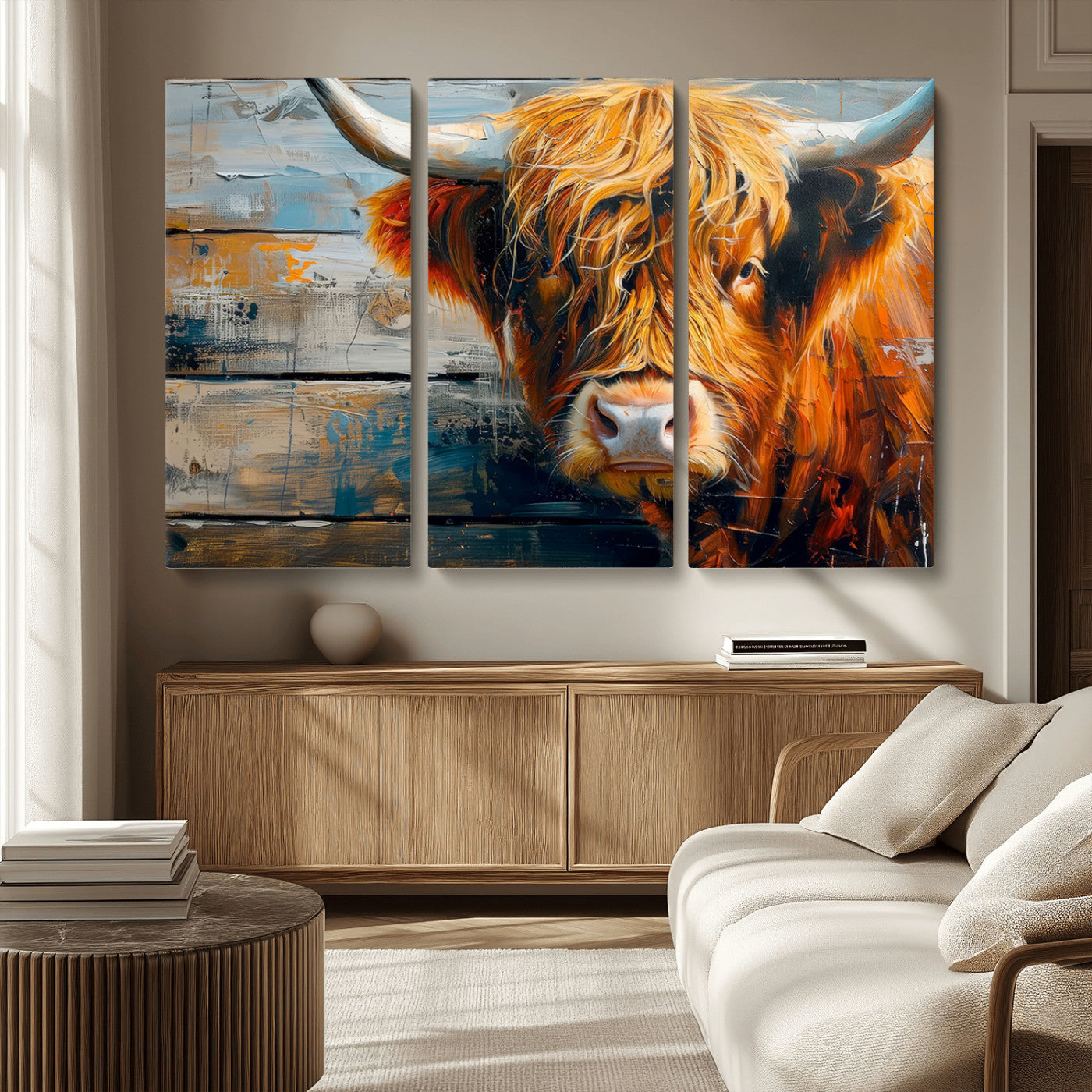 -Highland Cow Abstract Canvas Wall Art – Bold Farmhouse Rustic Decor – Ready to Hang