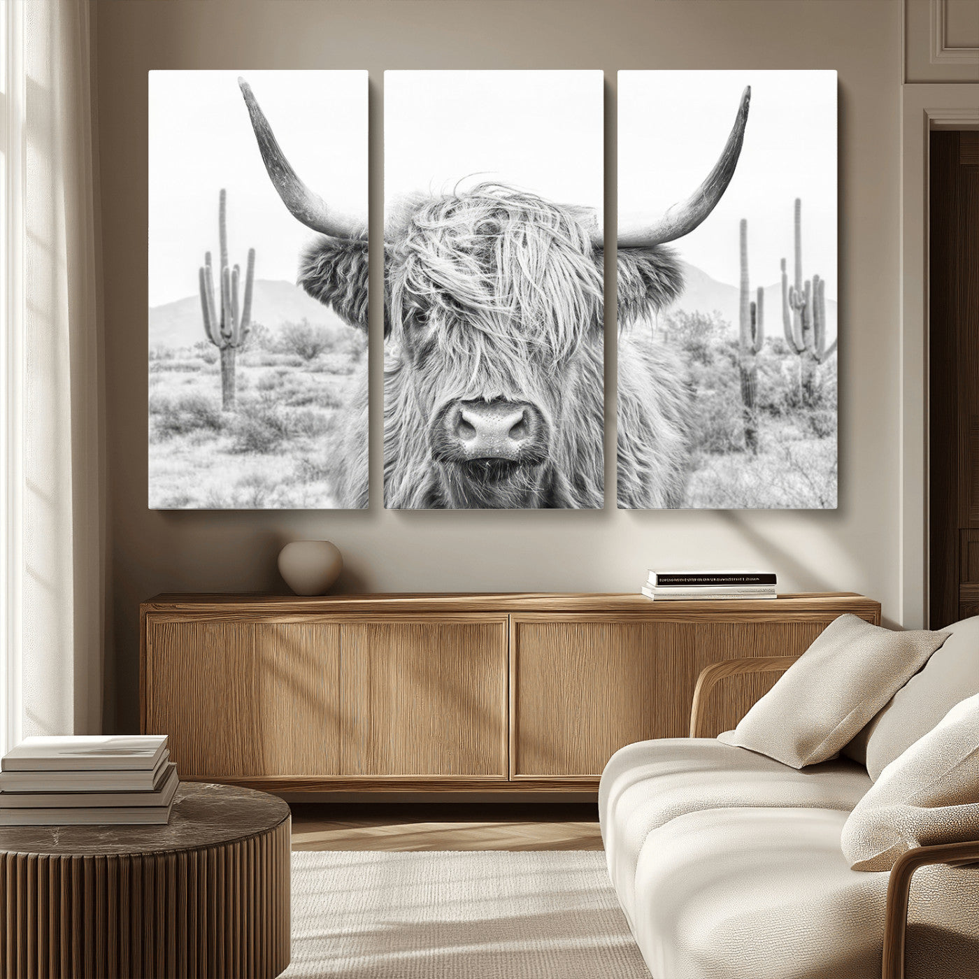 -Rustic Charm | Cow Longhorn Black White Bighorn Wall Art Canvas Print | Farmhouse Wall Art