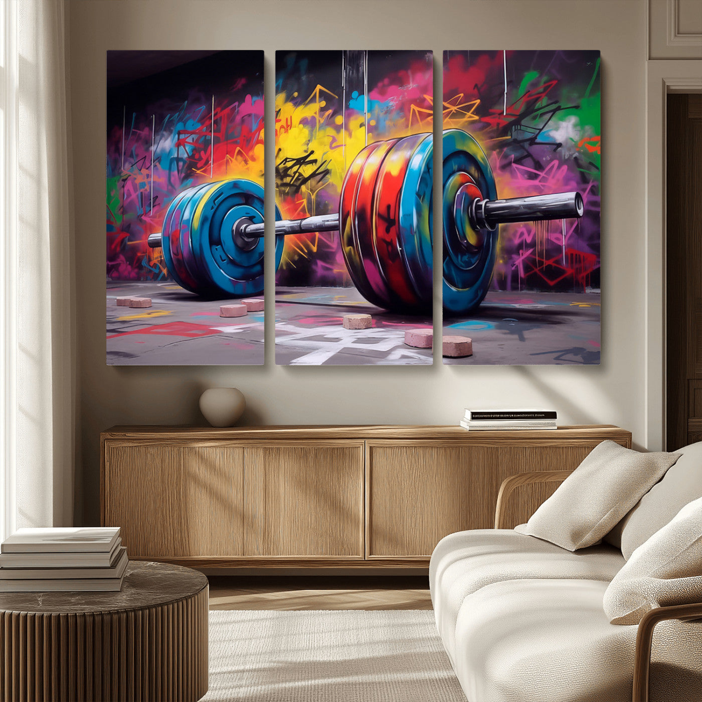 MGV-CV-48X32-3P - Abstract Graffiti Barbell Canvas Wall Art – Urban Fitness Meets Bold Street Art Print - Gym Wall Art Print