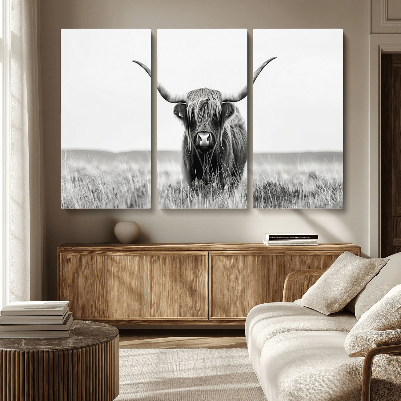 MGV-CV-48X32-3P - Highland Cow Canvas Wall Art – Majestic Beauty in Black and White