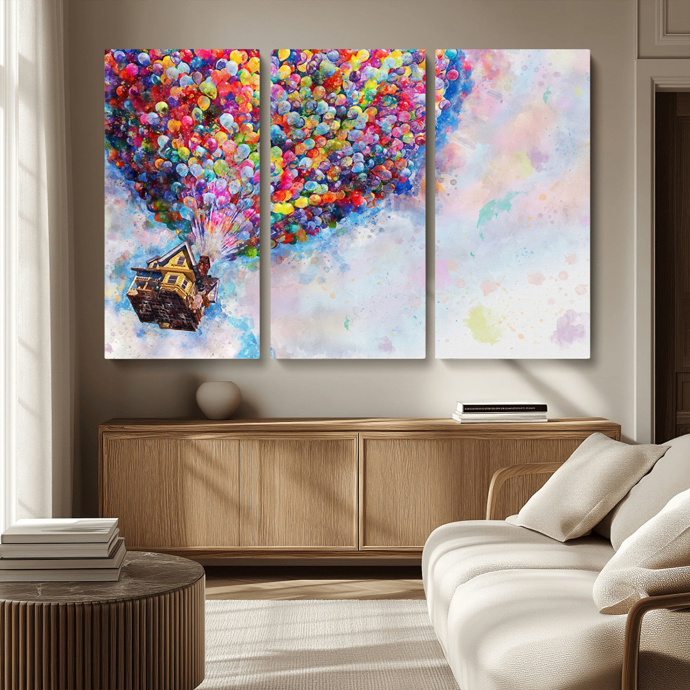 MGV-CV-48X32-3P - Don't Look Up Movie Canvas Wall Art - Vibrant Floating House and Balloons Scene, Tribute to Iconic
