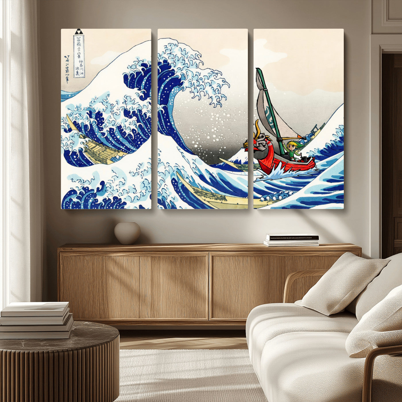 MGV-CV-48X32-3P - Katsushika Hokusai Kanagawa Giant Wave Wall Art Canvas Print | Iconic Japanese Art for Living Room