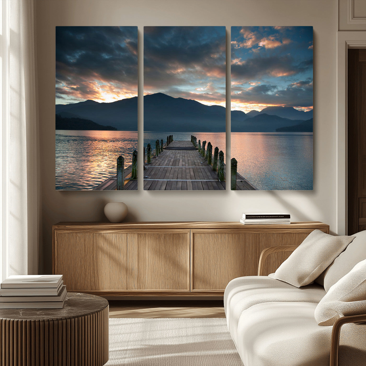 MGV-CV-48X32-3P - Mountain Lake Wood Pier Canvas Wall Art Nature Lake Print