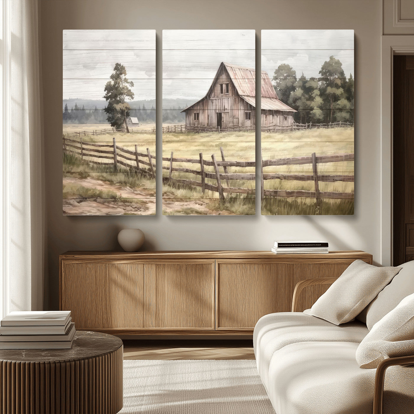 MGV-CV-48X32-3P - Rustic Farmhouse Barn Wall Art | 3-Panel Framed Gallery Wrap Giclee Canvas Print for Living Room, Farmhouse, or Office | Country Landscape Wall Art