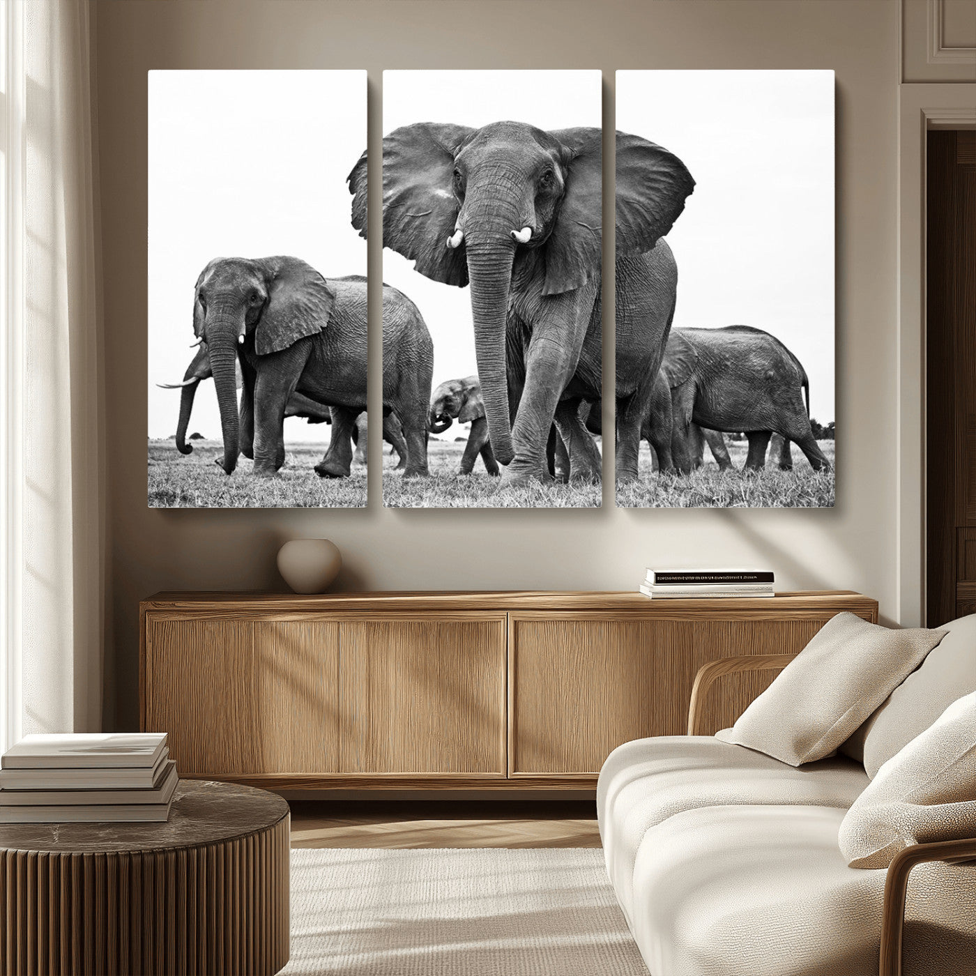 MGV-CV-48X32-3P - Black White Elephant Family Wall Art Canvas Print