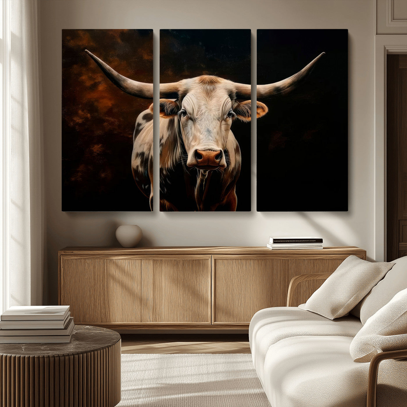 MGV-CV-48X32-3P - Texas Longhorn Wall Art | 3-Panel Large Texas Longhorn Canvas Print for Living Room, Office, or Farmhouse Decor | Framed Giclee Longhorn Wall Art