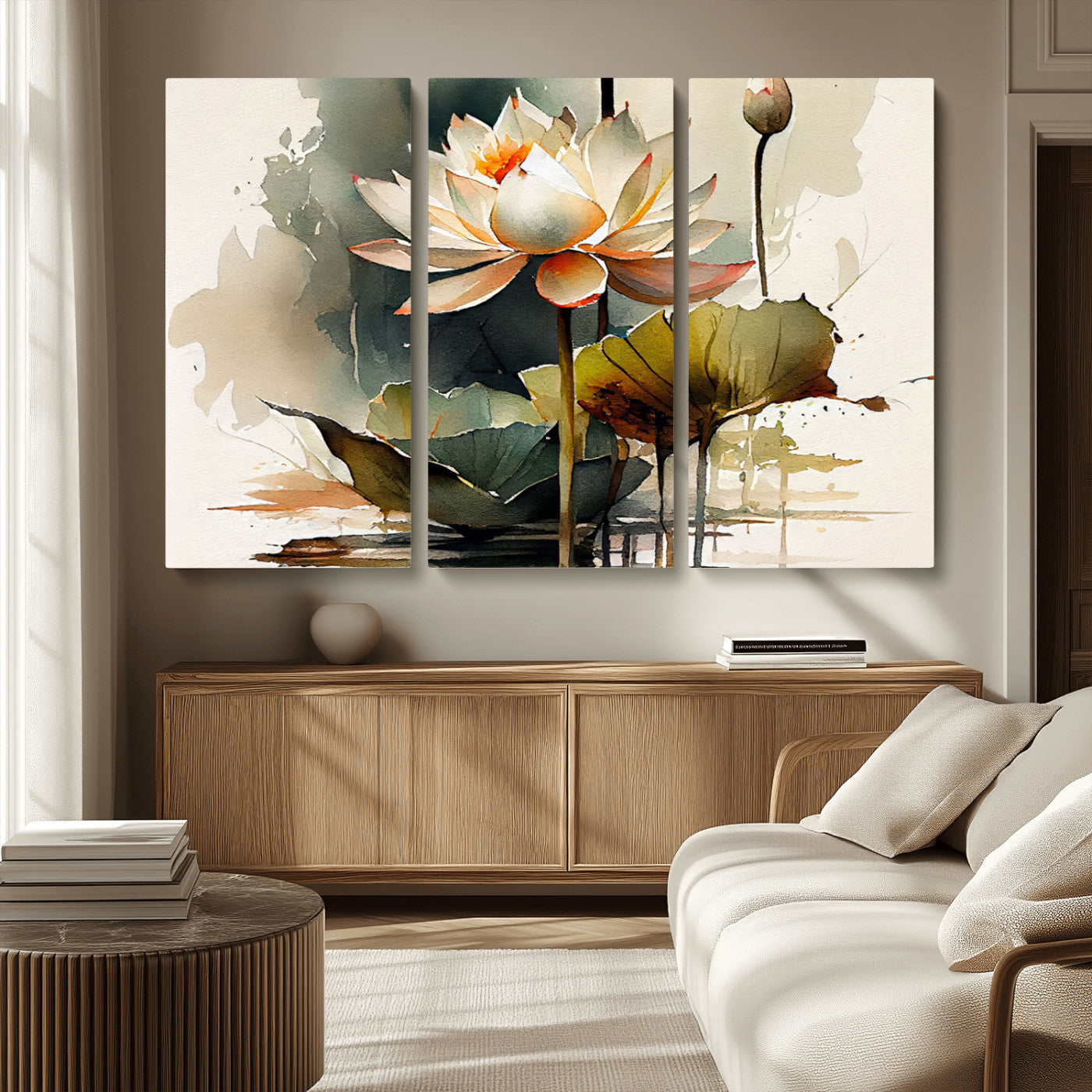 MGV-CV-48X32-3P - Lotus Flower Watercolor Canvas Print – A Symbol of Serenity and Growth, Captured in Soft Watercolors – Contemporary Wall Art for Tranquil Spaces