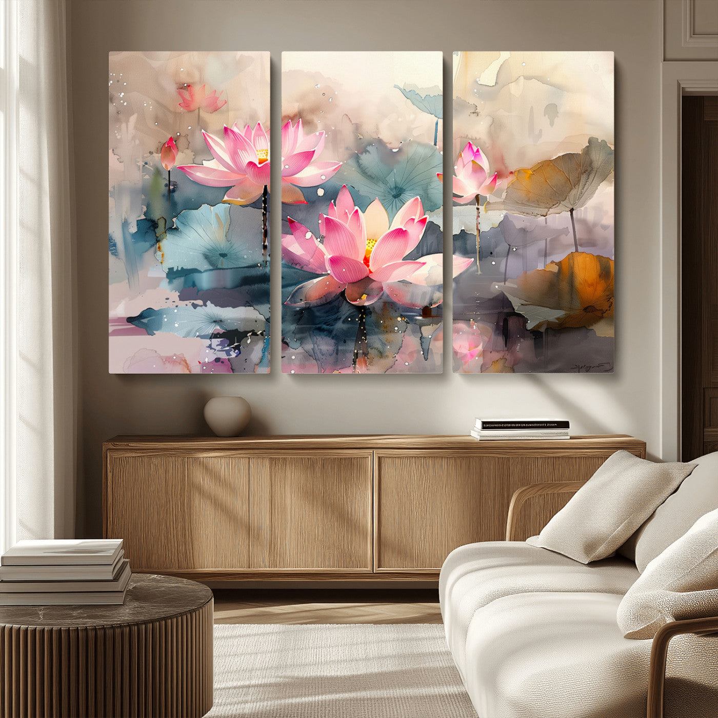 MGV-CV-48X32-3P - Lotus Flower Wall Art | 3-Panel Giclee Canvas Print of Pink Lotus Blossoms for Living Room, Bedroom, Office | Framed Lotus Floral Wall Art Decor Print