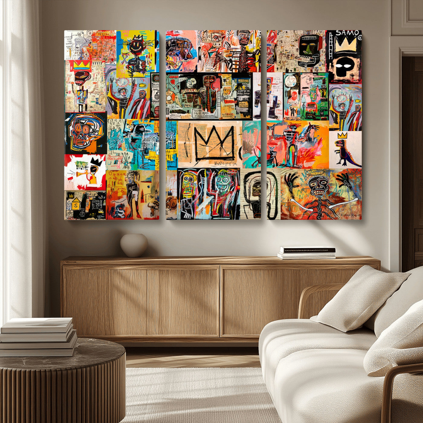MGV-CV-48X32-3P - Basquiat Art Collage Wall Art Canvas Print – Framed, Ready to Hang, Urban Graffiti Style