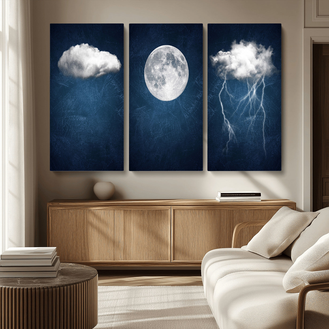 -Dark Blue Cloud Art, 3 Piece Indigo Blue Wall Art, Aesthetic Surreal Art, Thunderstorm Moon Cloud