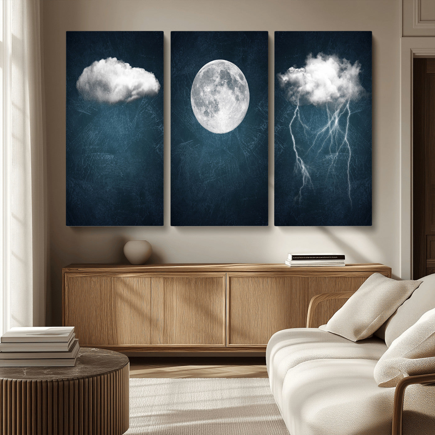 -3 Piece Indigo Cloud Wall Art, Thunderstorm Moon Cloud Artworks