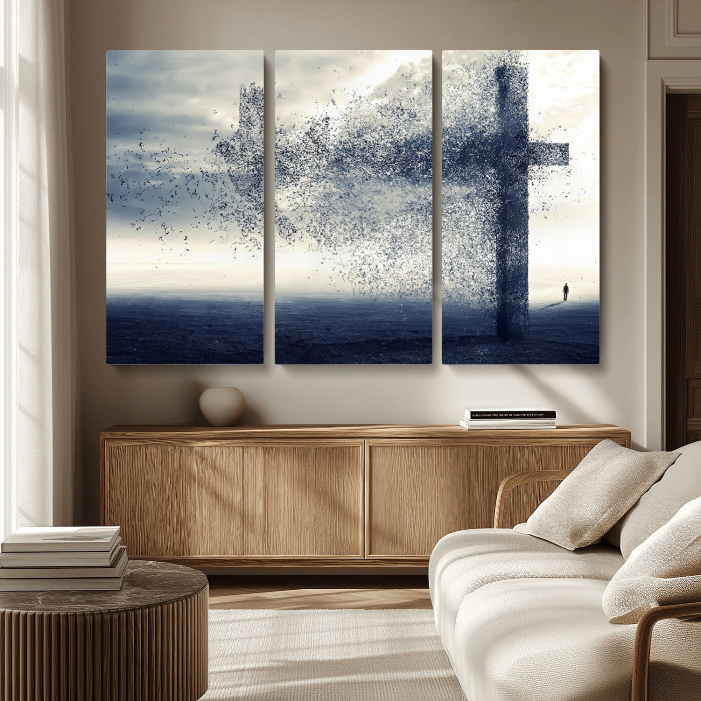 MGV-CV-48X32-3P - Jesus and the Fading Cross Wall Art Print – Symbol of Faith, Christian Wall Art Canvas Print, Framed and Ready to Hang