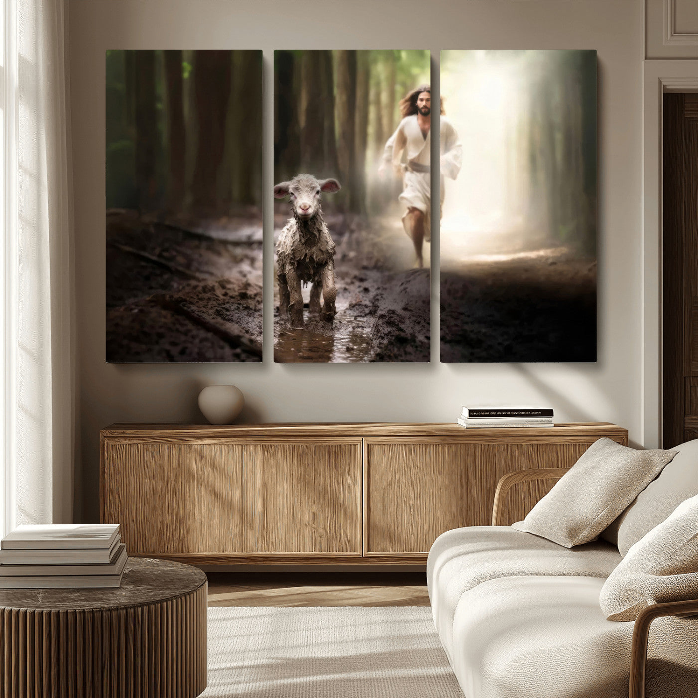 MGV-CV-48X32-3P - Jesus Canvas Wall Art - Jesus Running After Lost Lamb, Jesus, Christian Home Decor - Church Wall Art