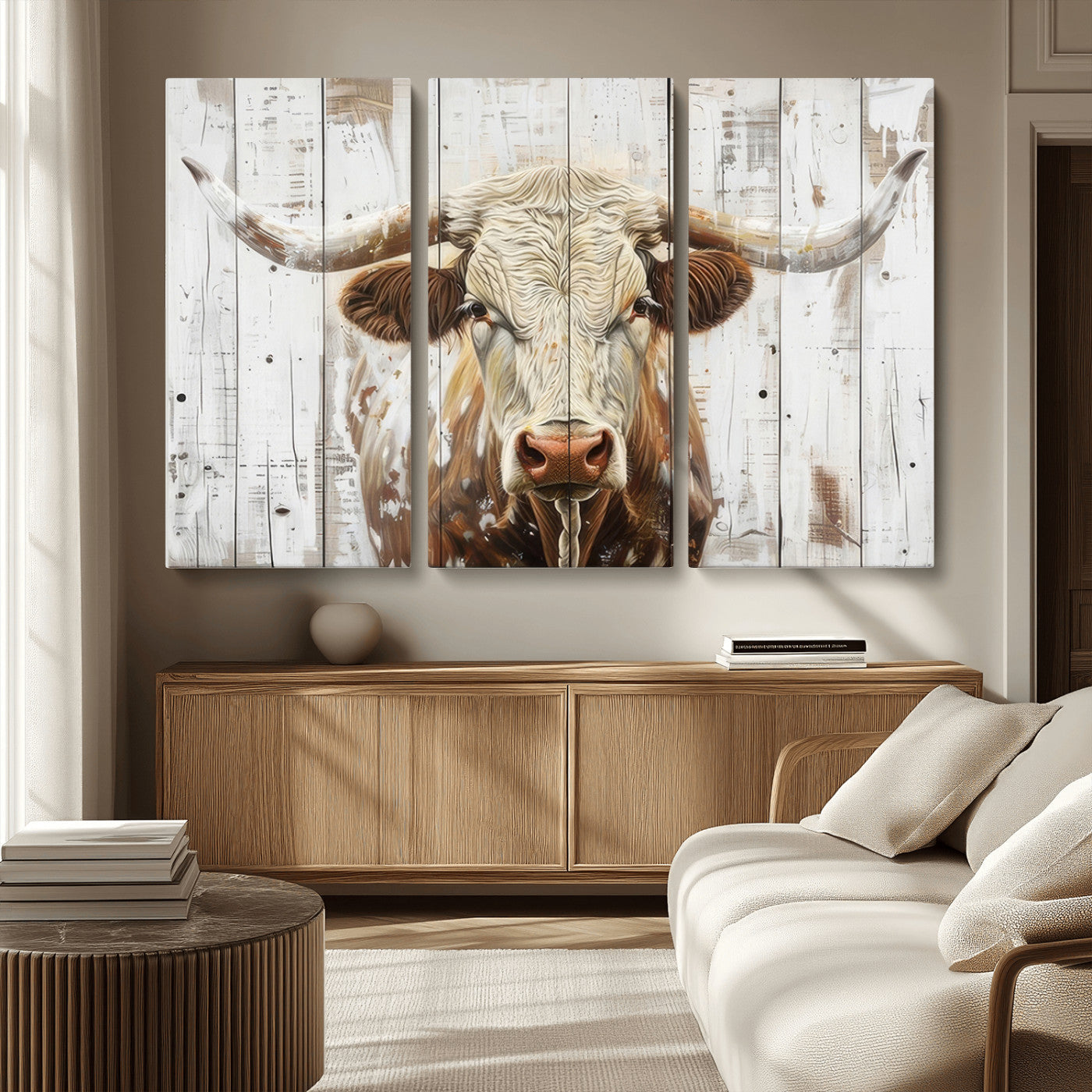 -Rustic Longhorn Bull Wall Art Canvas Set – Western-Inspired Farmhouse Décor - Ready to Hang