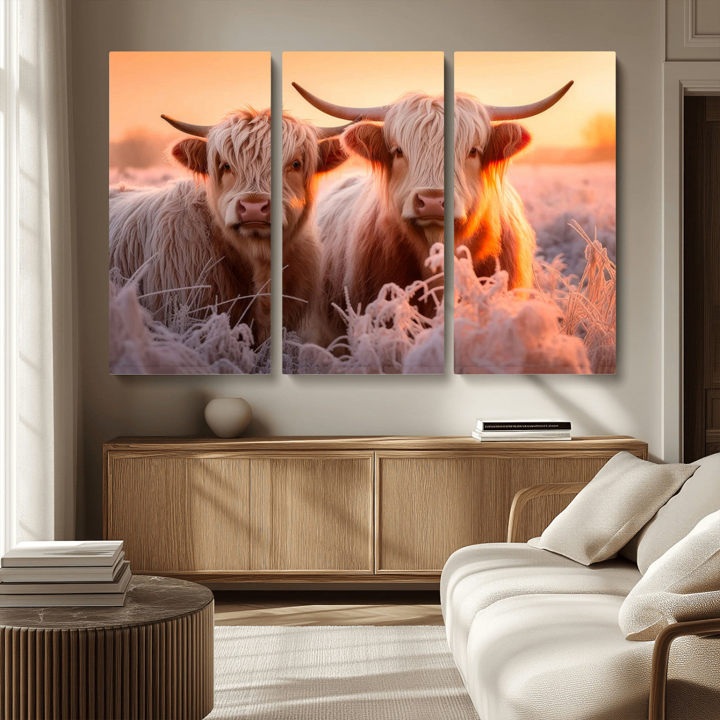 -Highland Cows at Sunrise Wall Art Canvas Set – Serene and Rustic Farmhouse Decor