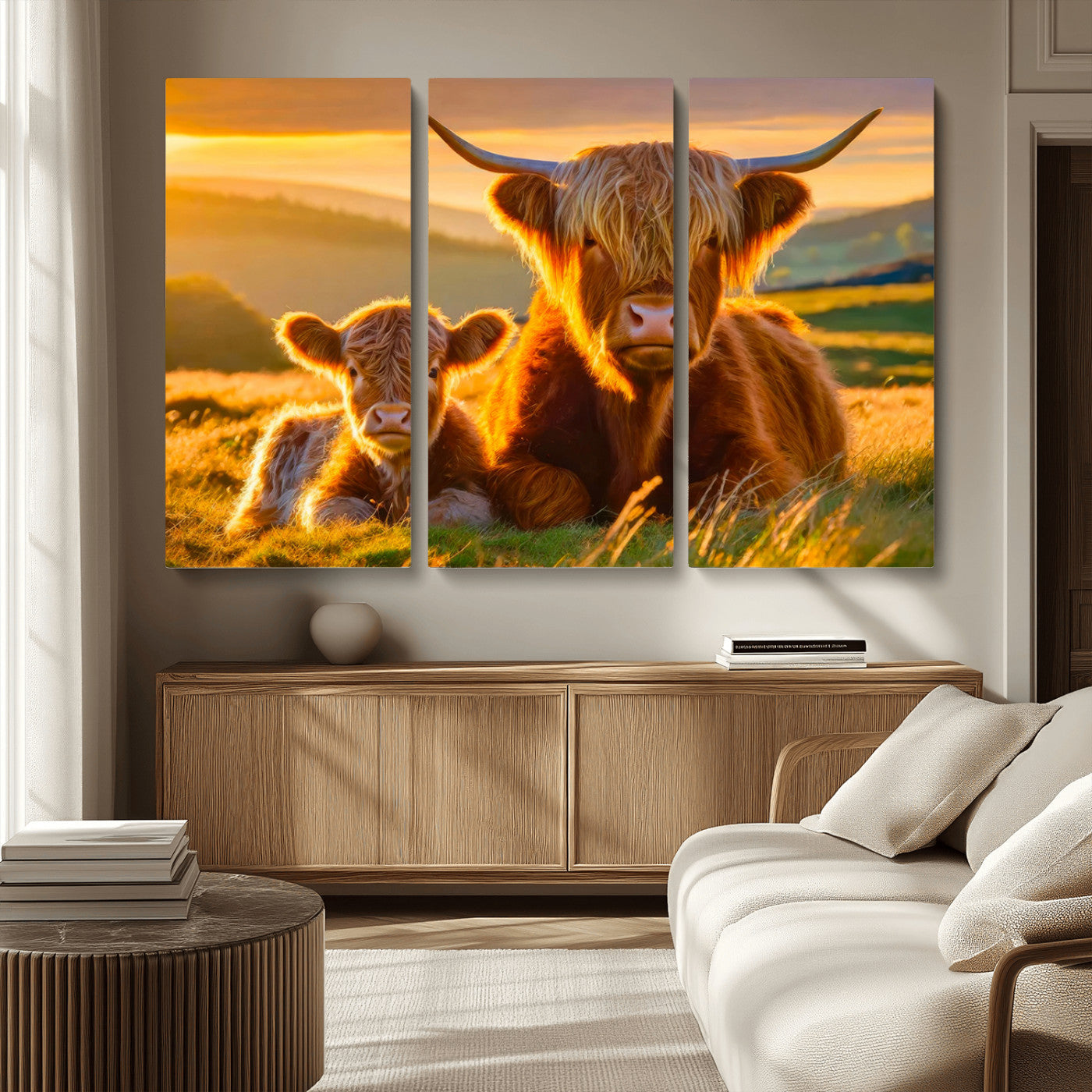 -Scottish Cow and Baby Cow Canvas Wall Art Animal Print Fluffy Cattle Framed Farmhouse Decor