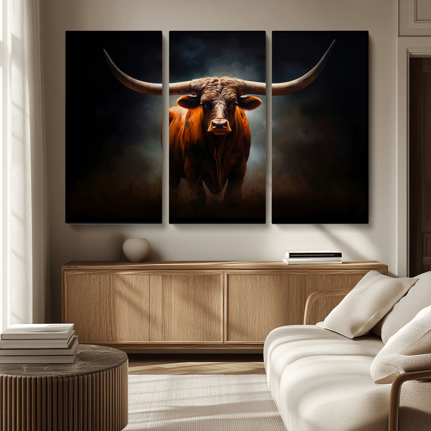 MGV-CV-48X32-3P - Abstract Texas Longhorn Wall Art Print | 3-Panel Large Texas Longhorn Canvas Print for Living Room, Office  Farmhouse Decor | Framed Longhorn Wall Art