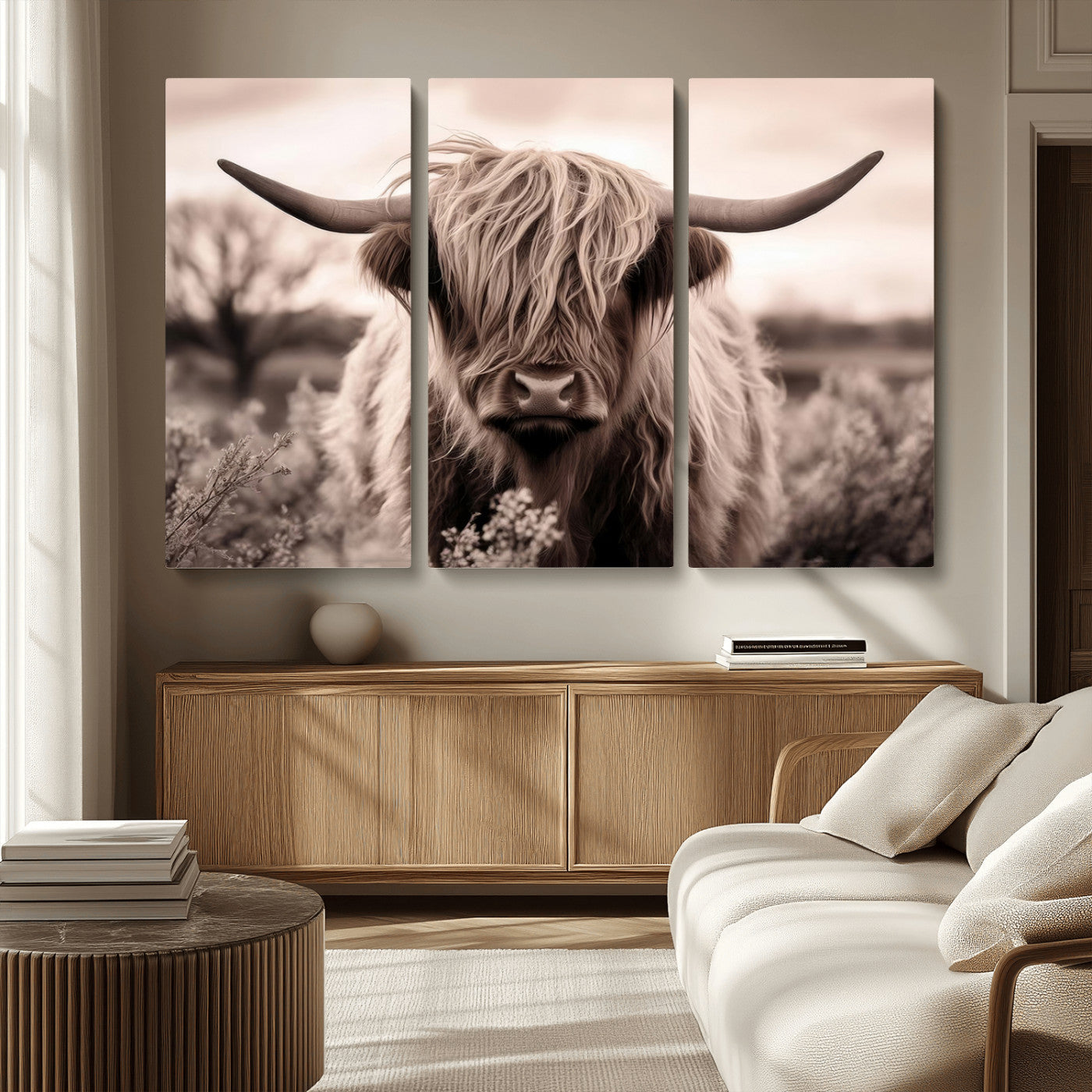 MGV-CV-48X32-3P - Scottish Cow Longhorn Wall Art Canvas Print