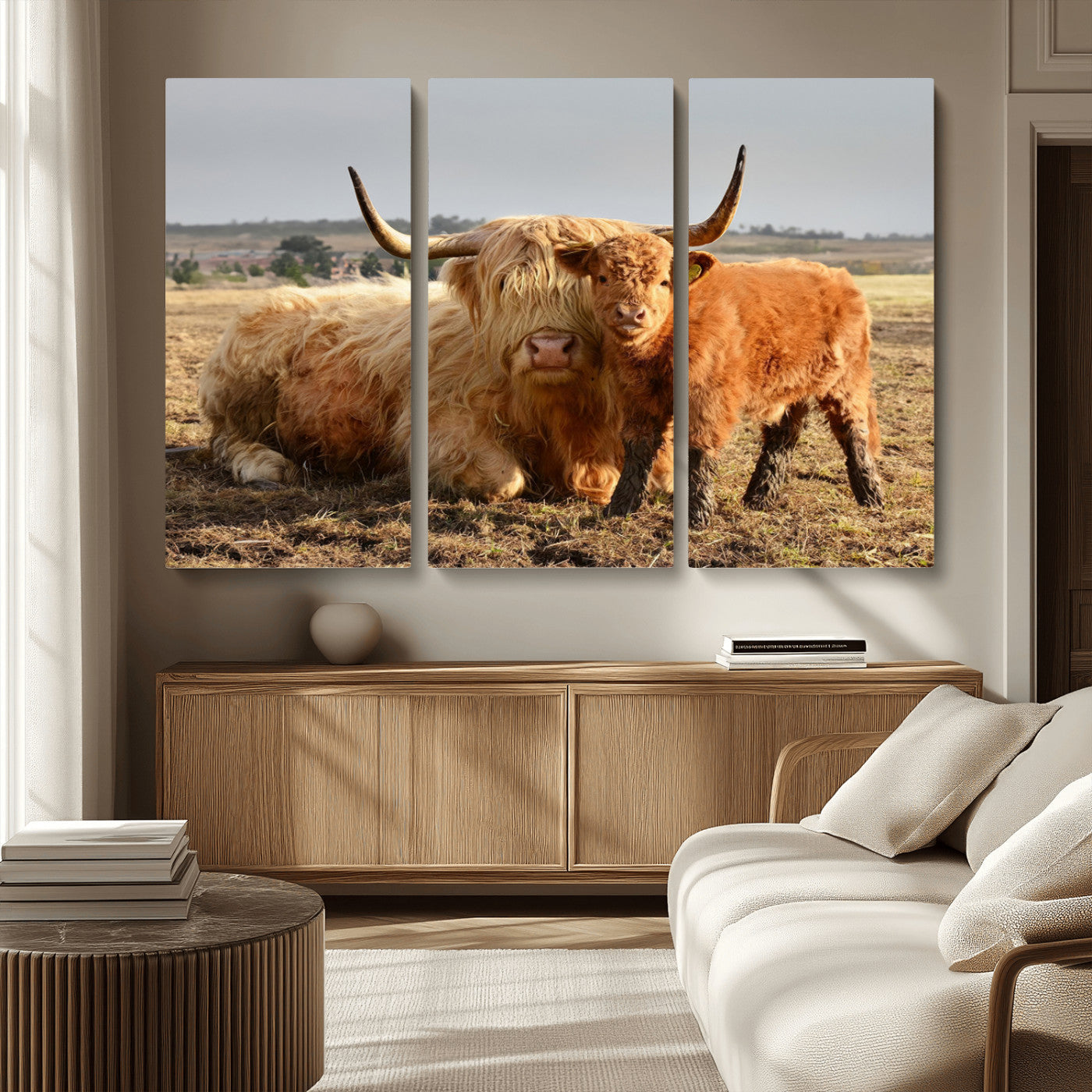 MGV-CV-48X32-3P - Highland Cow Canvas Wall Art Animal Print for Farm House Decor