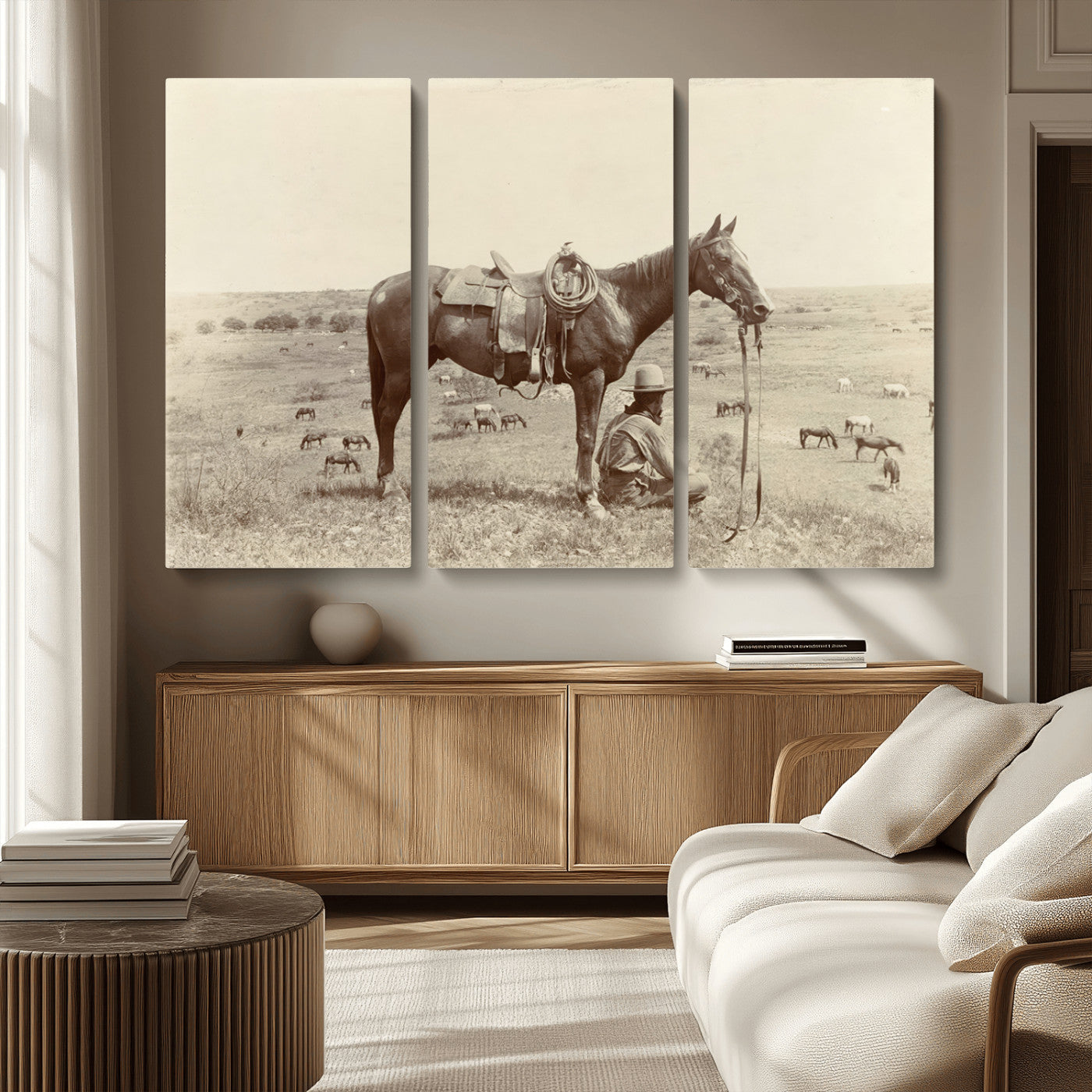 MGV-CV-48X32-3P - Cowboy Wall Art - Western Horse Canvas Print - Vintage Western Wall Art Canvas Print, Ready to Hang