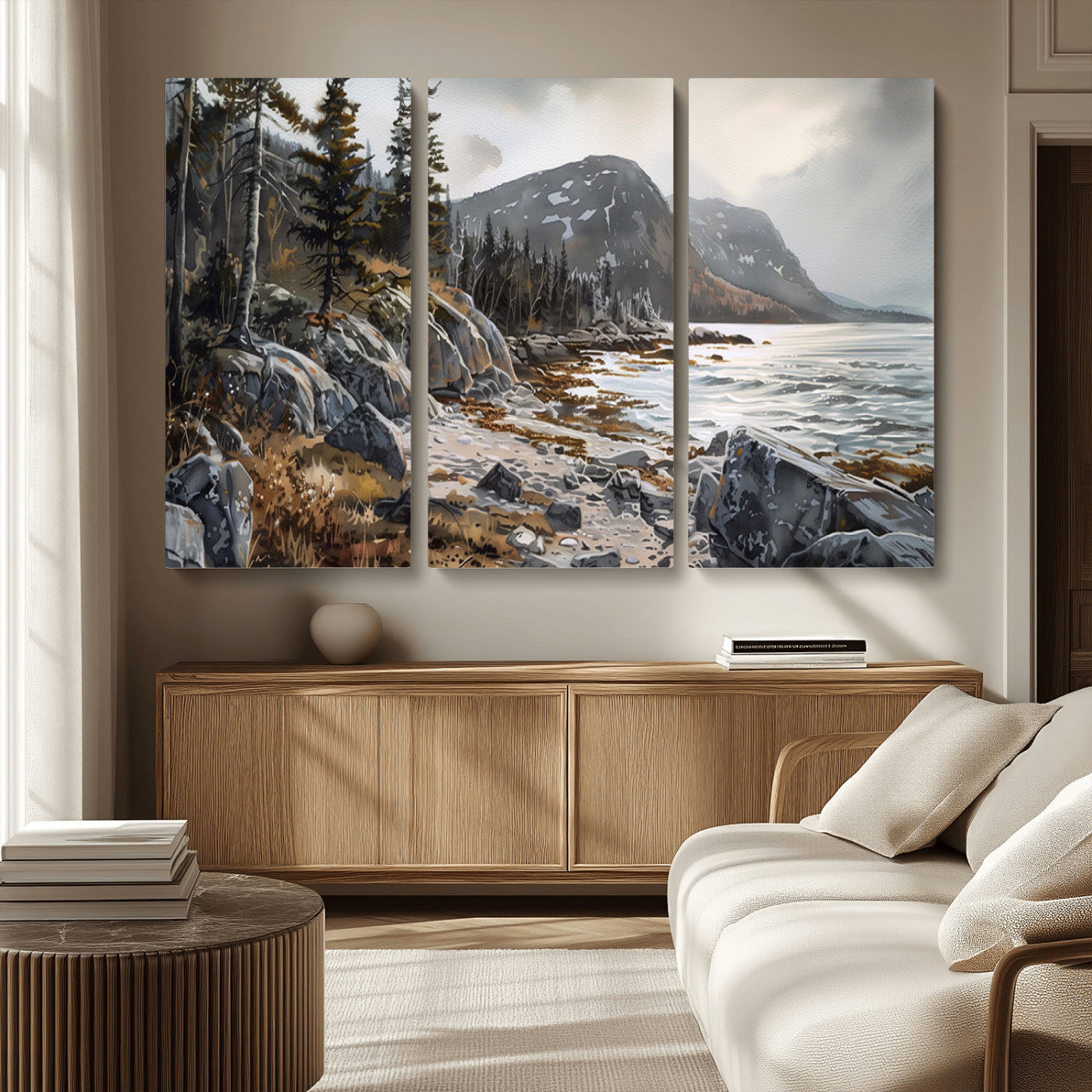 -Serene Coastal View of Acadia National Park - Stunning 3-Panel Wall Art Canvas Print, Framed, Ready