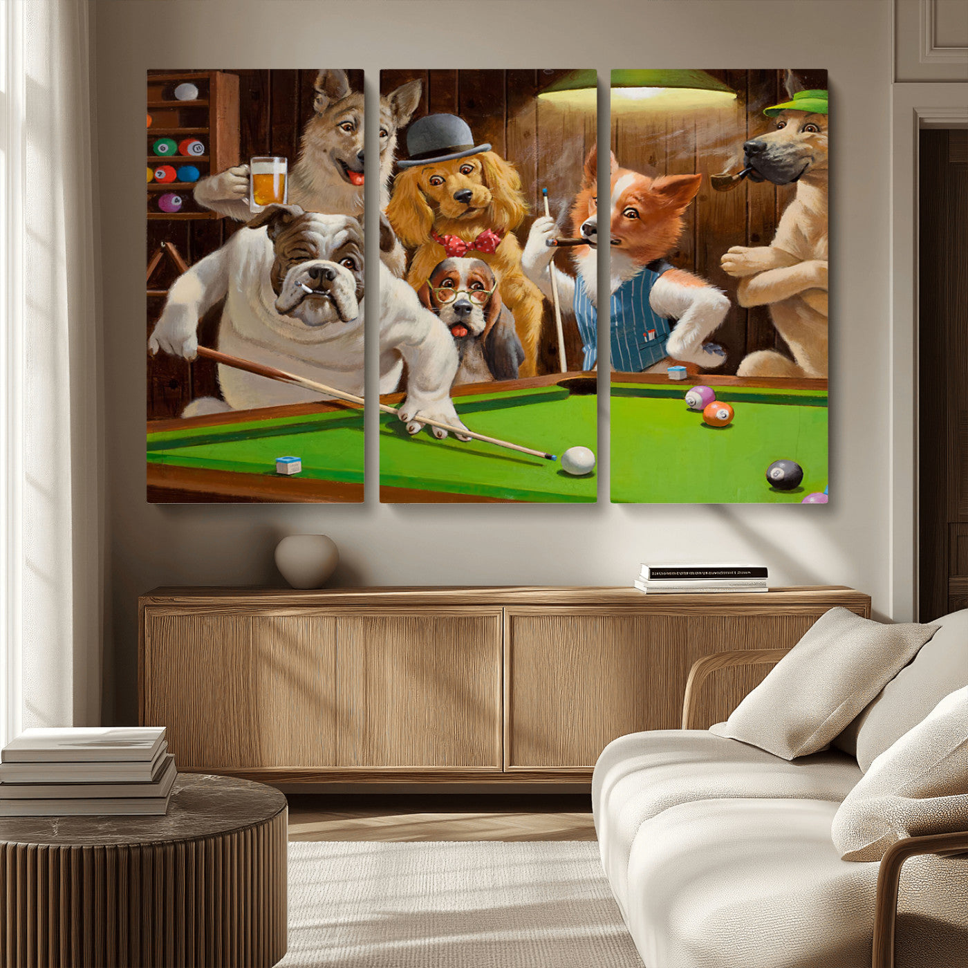 MGV-CV-48X32-3P - Dogs Playing Pool Canvas Wall Art Funny Gifts Dog Print