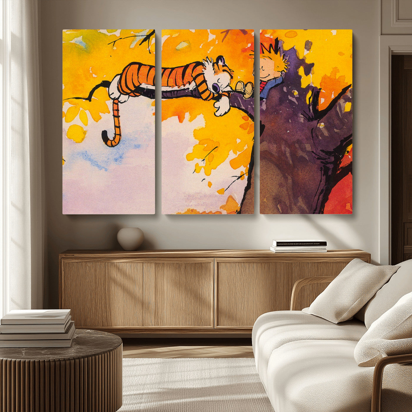 MGV-CV-48X32-3P - Calvin and Hobbes Tree Scene Canvas Print | 3 Panel Large Wall Art for Living Room or Kid’s Room,