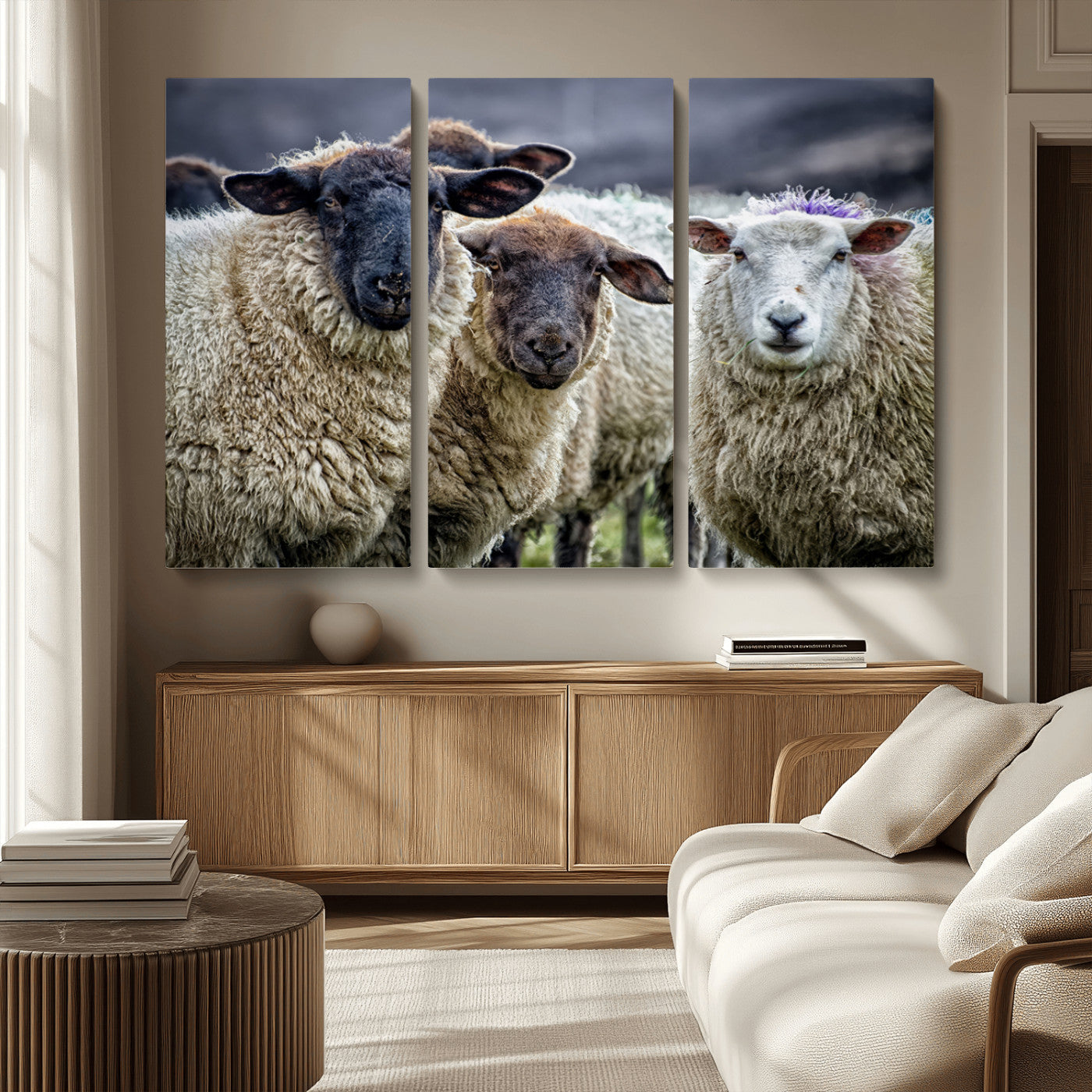-Charming Sheep Portrait Wall Art – Trio of Woolly Companions Canvas Print, Framed, Ready to Hang
