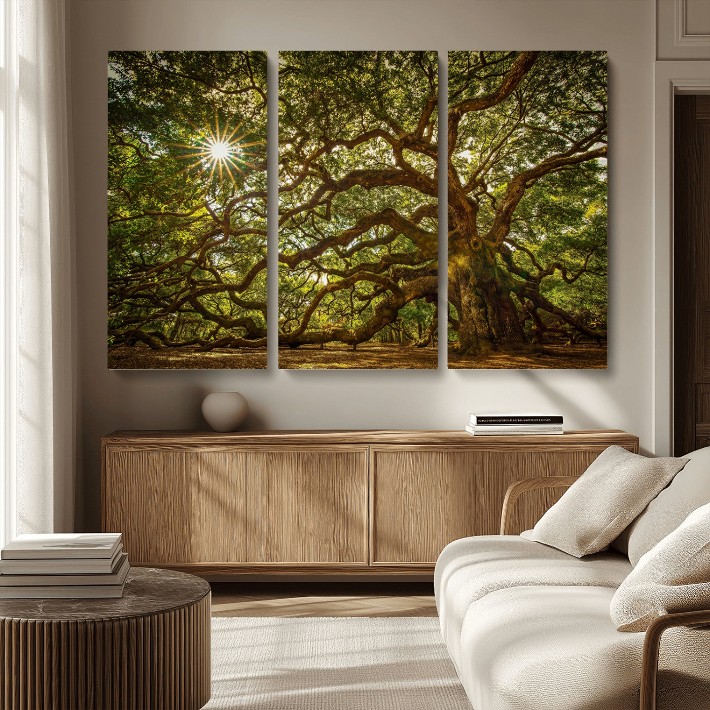 MGV-CV-48X32-3P - Ancient Angel Oak Tree Art Sunburst Canvas Print- Nature-Inspired Triptych Canvas Print, Framed, Ready to Hang